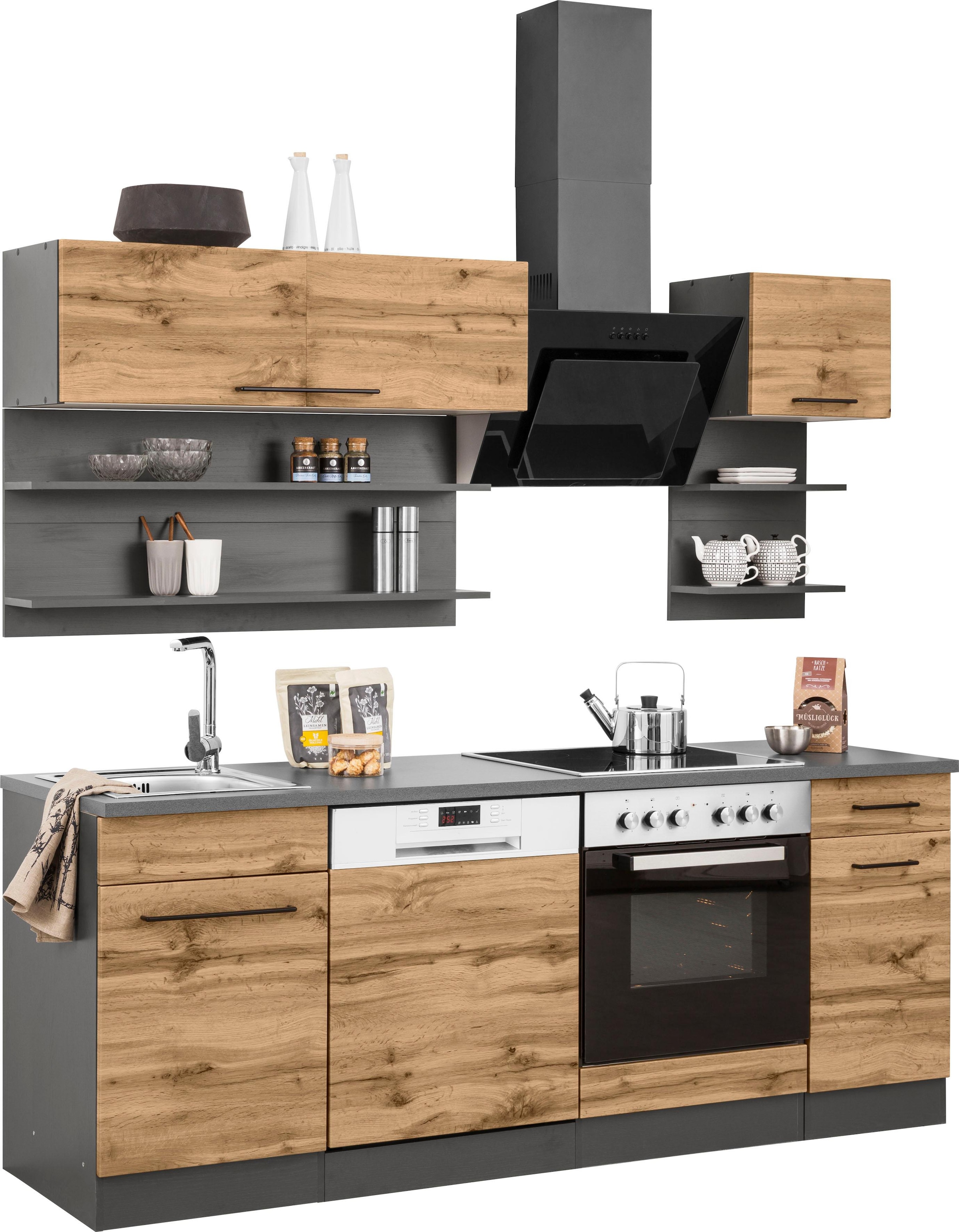 KOCHSTATION Küchenzeile »KS-Tulsa«, ohne E-Geräte, Breite 210 cm, schwarze Metallgriffe, MDF Fronten