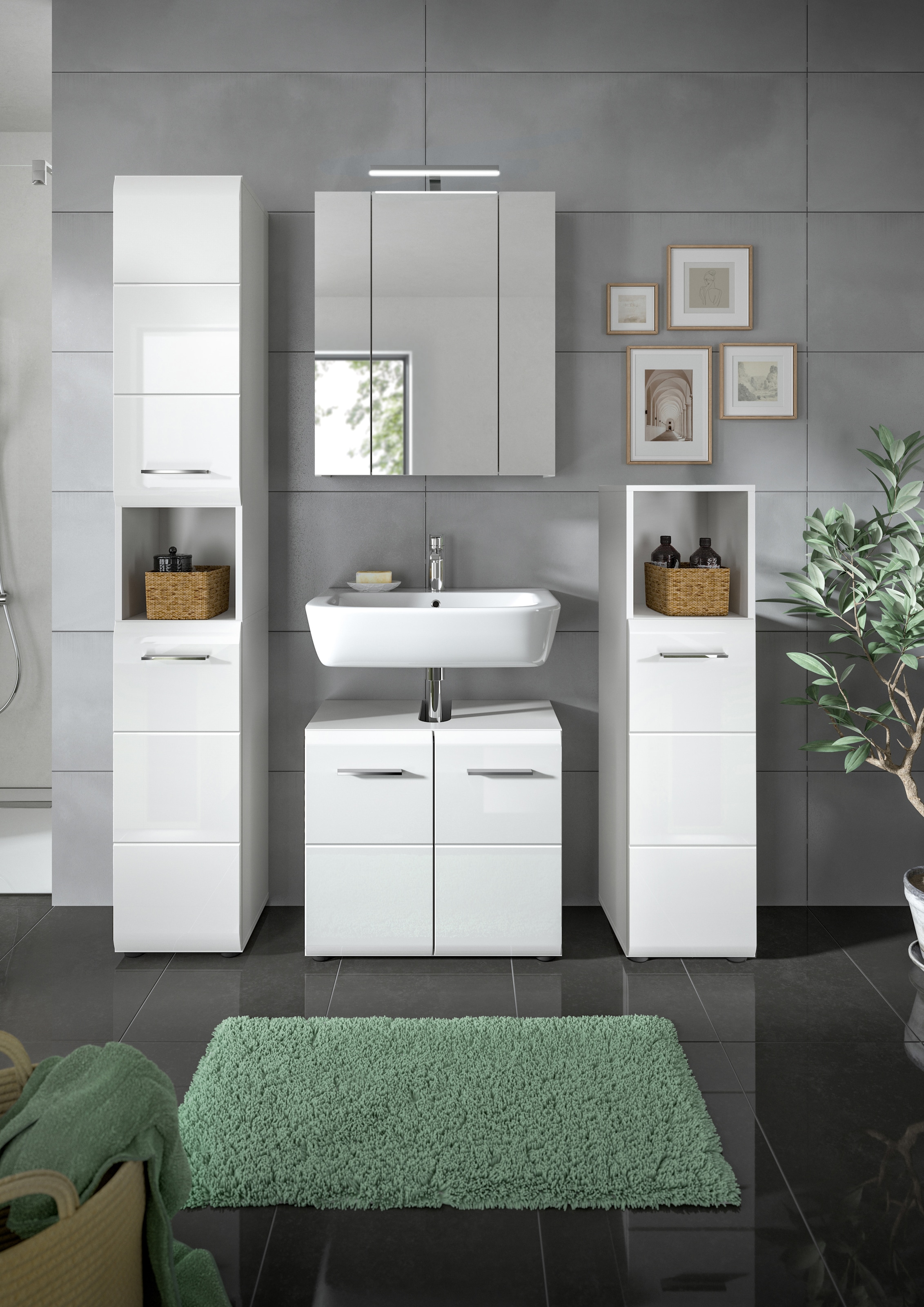 INOSIGN Badezimmer-Set, (Set, 5 St.), Florenz, Badkombination 5-tlg., Weiß hochglanz,l inkl Beleuchtung