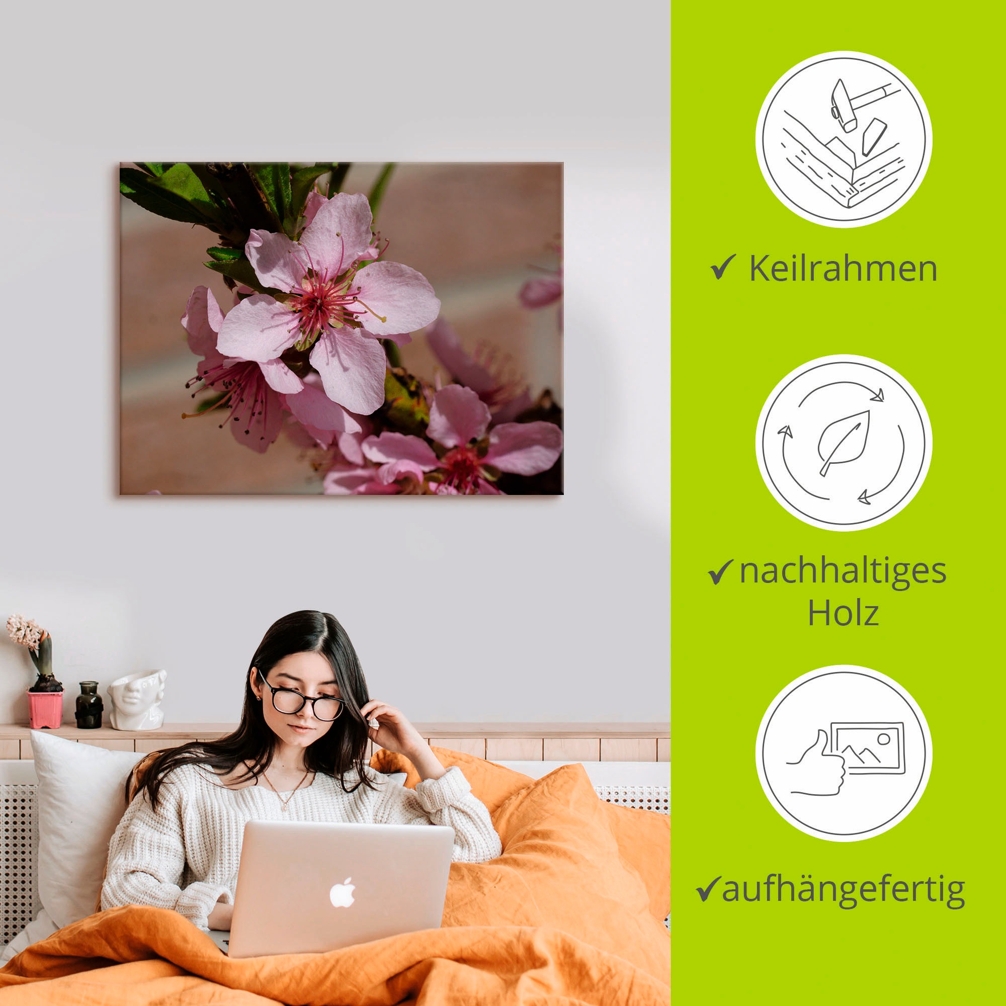 Artland Leinwandbild »Rosafarbene Pfirsichblüten«, Blumen, (1 St.), auf Keilrahmen gespannt