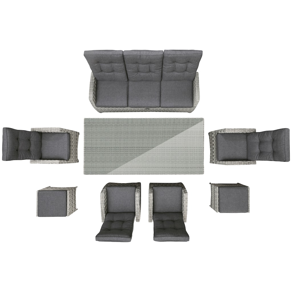 KONIFERA Garten-Essgruppe »Monaco«, (Set, 24 tlg., 4x Sessel, 1x 3er Sofa, 2x Hocker, 1x Tisch 200x100x75cm), Polyrattan, Aluminium, mit verstellbaren Rückenlehnen, inkl. Auflagen