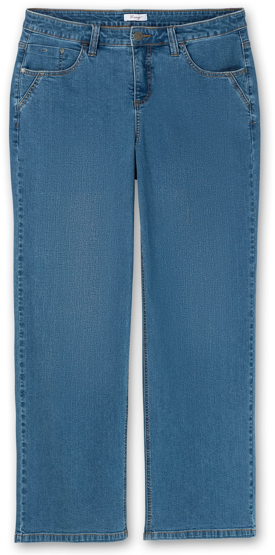 5-Pocket-Jeans SHEEGO, Damen, Gr. 50, Normalgrößen, blau (blau denim), 99% Baumwolle, 1% Elasthan, unifarben, lang, Jeans 5-Pocket-Jeans 3