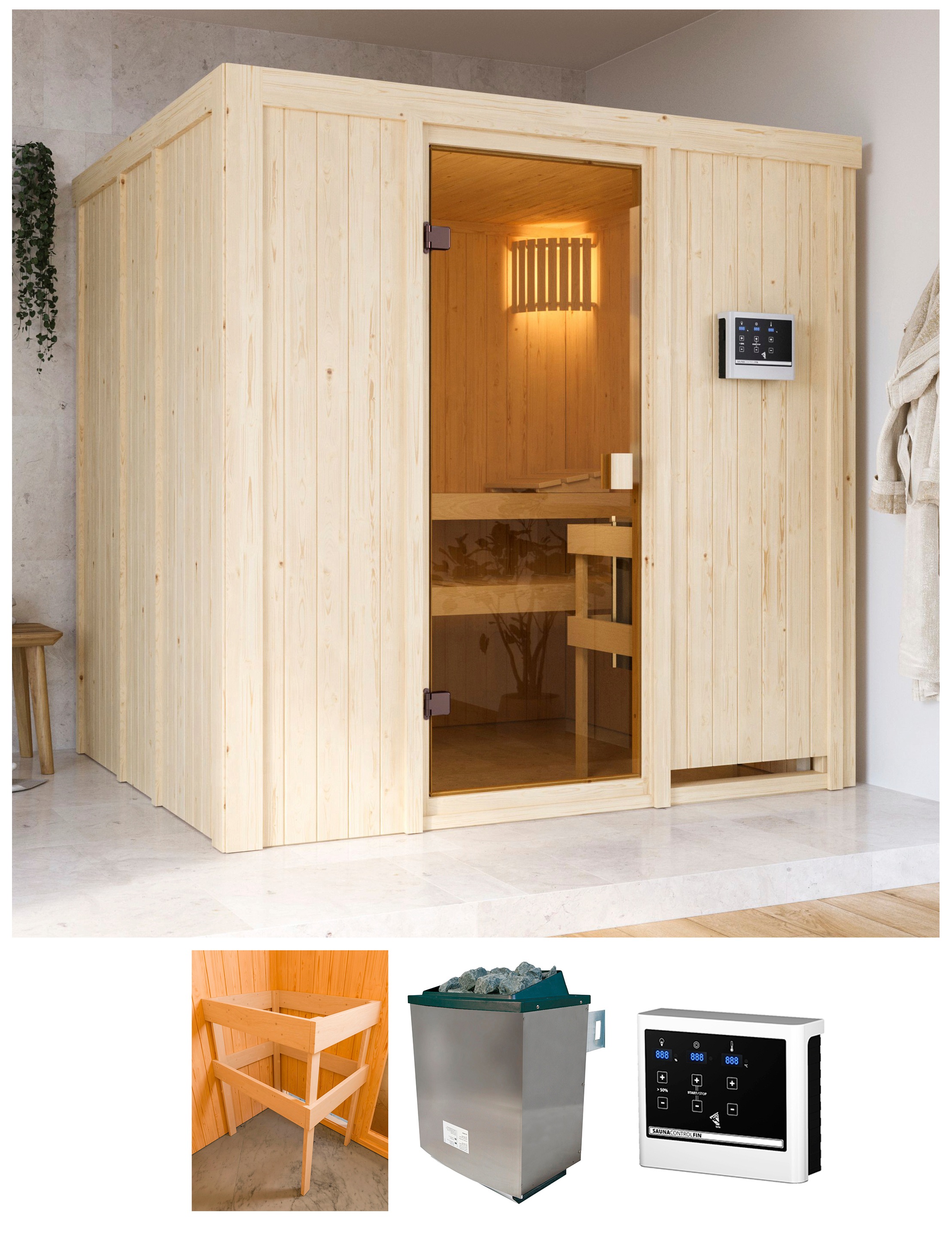 KARIBU Sauna "Tromsö", Saunaofen, externe Steuerung, 9 kW, beige, Saunen, mit Ofen 9 kW externer Steuerung