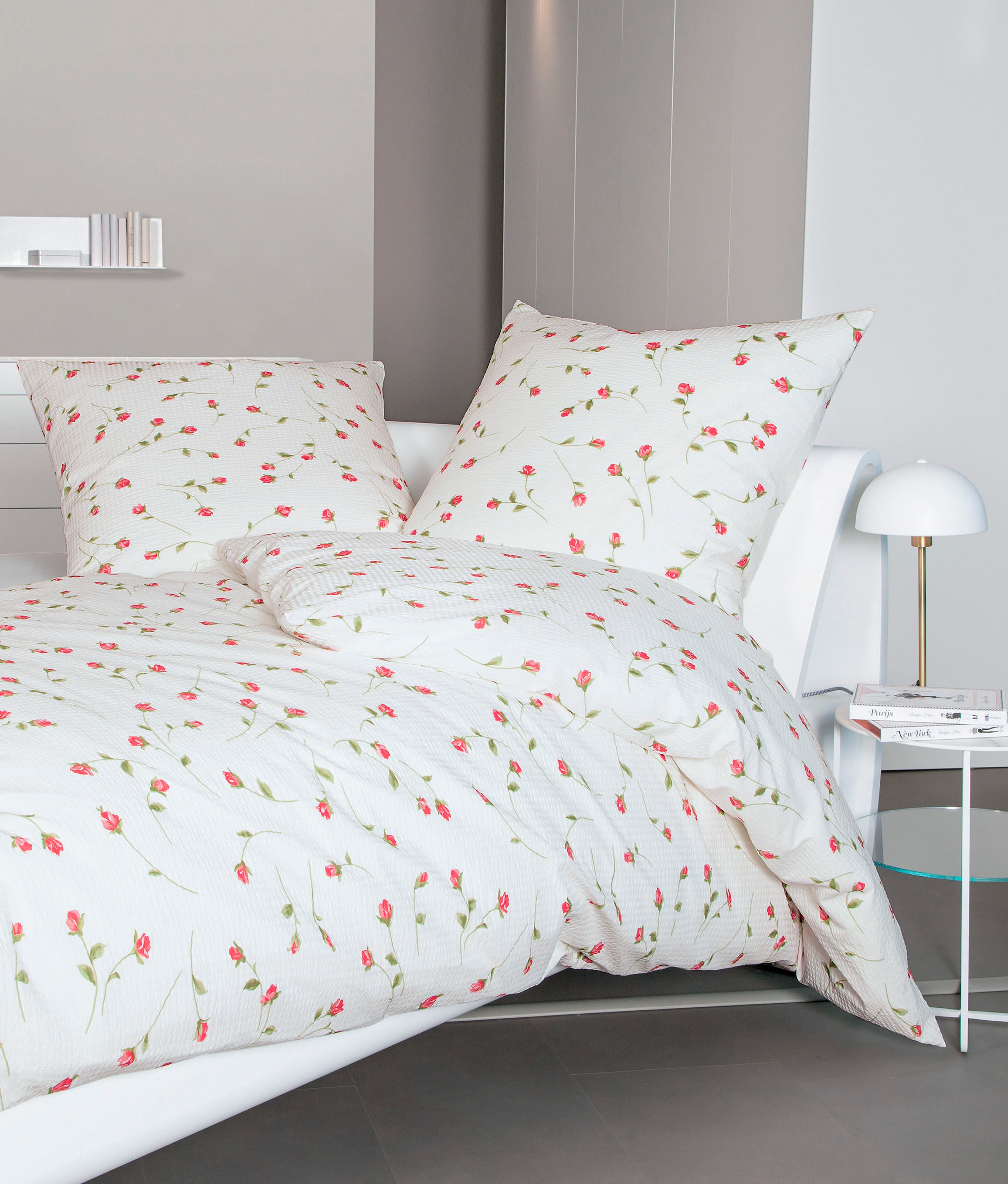 Bettwäsche JANINE, rot, Seersucker, Obermaterial: 100% Baumwolle, Bettwäsche, "Tango", geblümte Bettwäsche aus Baumwolle, Bettwäsche mit