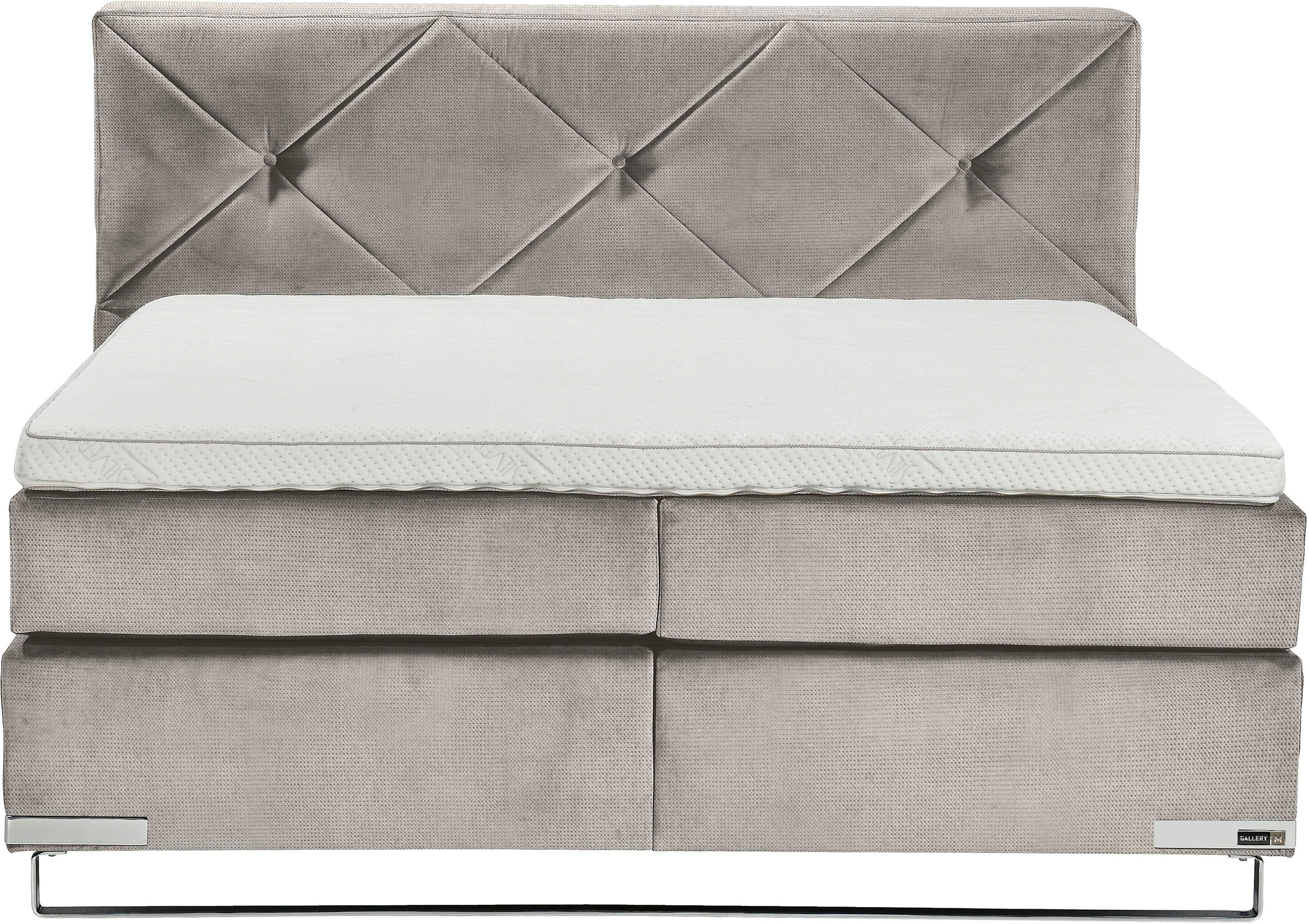 Boxspringbett MUSTERRING "Dubai", grau (d 041 grau), B:197cm L:214cm, Komplettbetten, Boxspringbett, Winkelfuß in Chrom, 3 Härtegrade, Kopfteil in Kassettensteppung 8