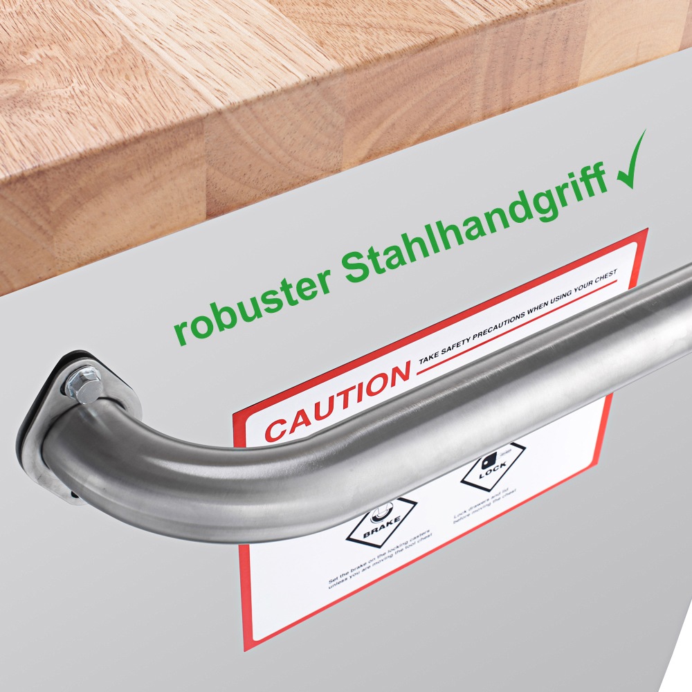 ONDIS24 Werkstattwagen »Werkzeugwagen aus Edelstahl mit 1 Tür 10 Schubladen« fahrbar, kugelgelagerten Schubladen, abschließbar, Massivholzplatte