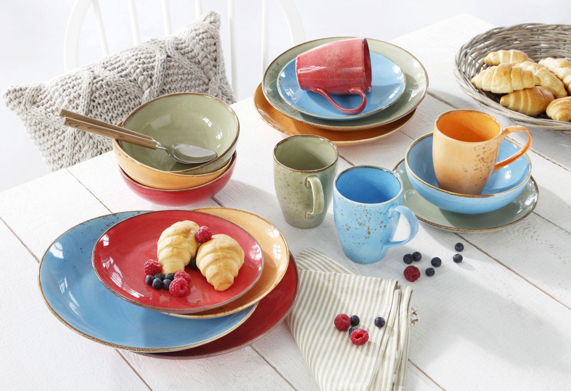 CreaTable Kombiservice »Geschirr-Set NATURE COLLECTION Summer«, (Set, 16 tlg.,  Kaffeeservice und Tafelservice im Set, für 4 Personen), Service,  Naturfarben mit Sprenkeln, 16 Teile, für 4 Personen | BAUR