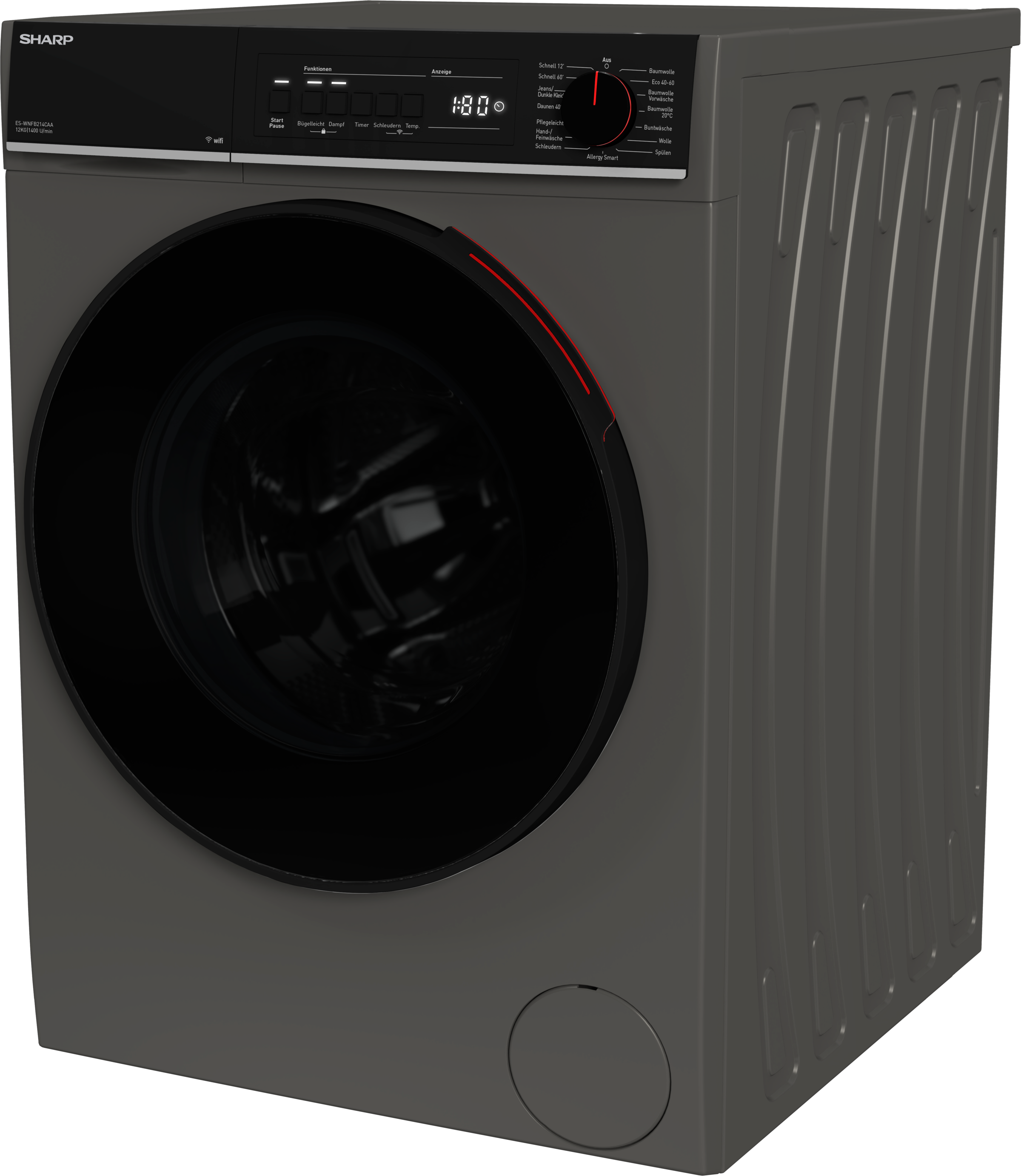 Sharp Waschmaschine »ES-WNFB214CAA-DE« 12 kg 1400 U/min 12kg / +WIFI / A-20% / black Doorring+knob / Steam / Espresso Grey