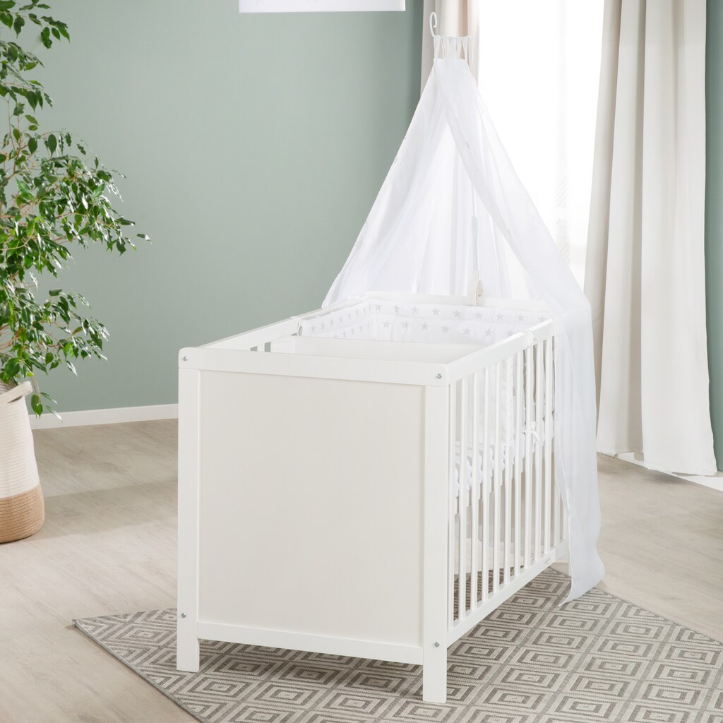 roba® Babybett »Multifunktionsbett mit Beistellfunktion«, (8 tlg.), Lattenrost, Matratze, Nestchen, Bettverkleinerer, Himmel, Himmelstange