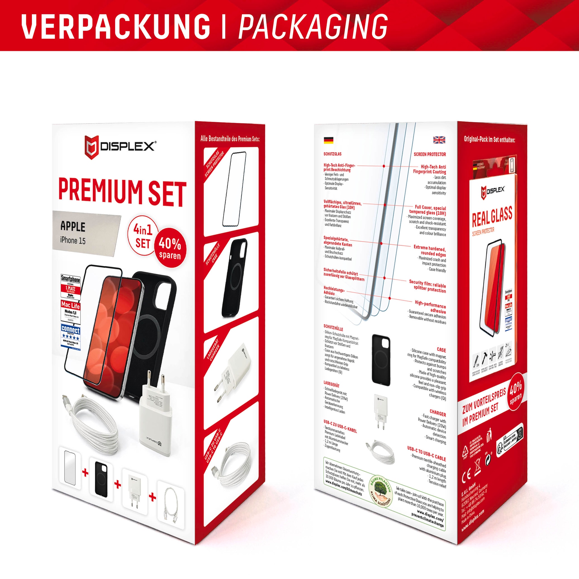 Displex Displayschutzglas »Premium Set 4in1«, für Apple iPhone 15, (Set, 4 St., bestehend aus Displayschutz, Case, Kabel, Netzteil), Displayschutzfolie Schnellladegerät 20 W MagSafe USB-C zu USB-C-Kabel