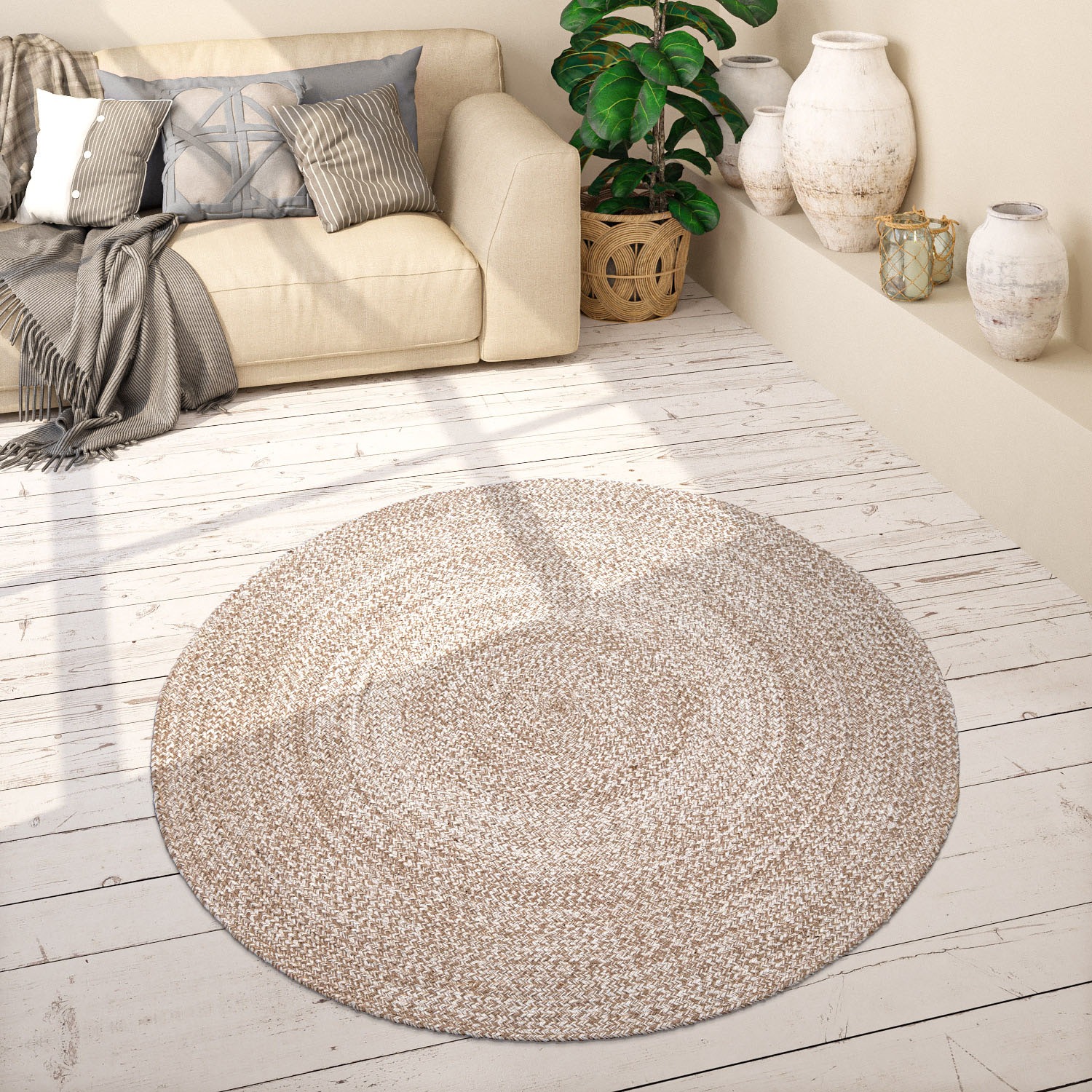Paco Home Teppich "Viborg 595" rund 13 mm Höhe Jute, Modern, Boho, Handgefe günstig online kaufen