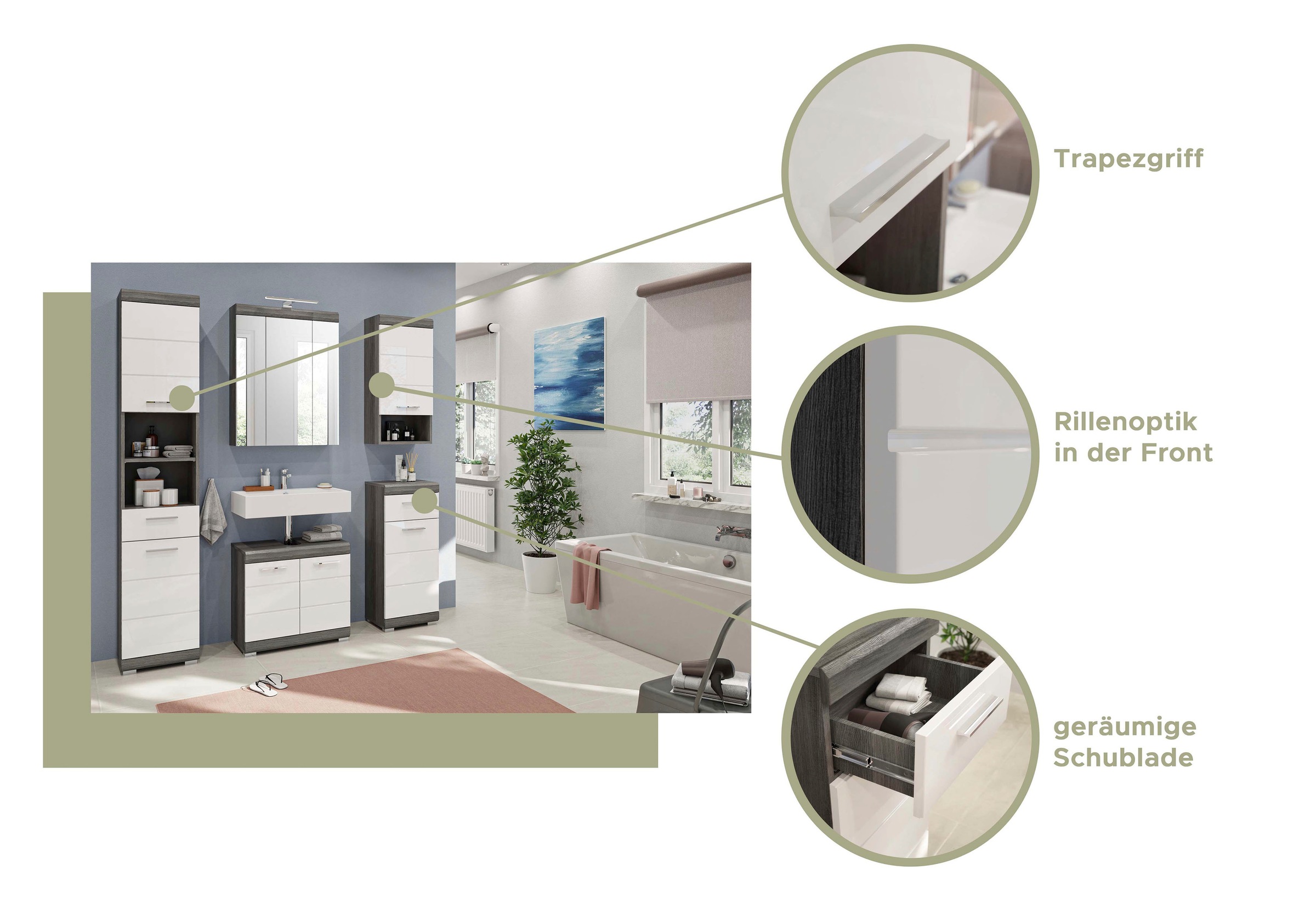 INOSIGN Badmöbel-Set »Siena, 5 teilig, inklusive LED Beleuchtung, bestehend aus:«, (Set, 5 St.), Hochschrank, WBU, Spiegelschrank, Unterschrank, Hängeschrank