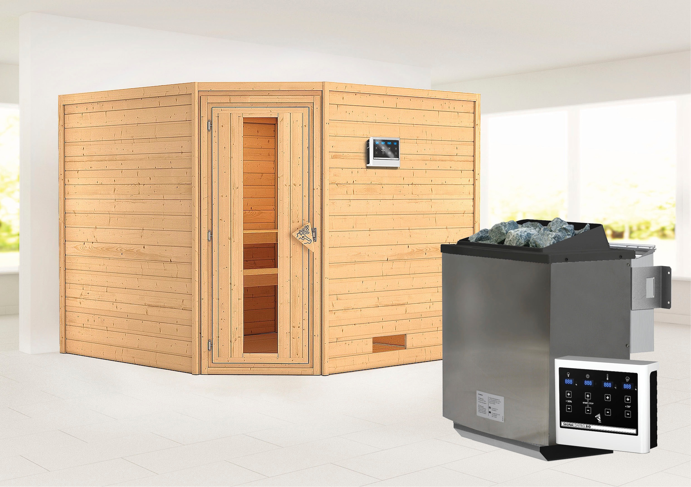 Karibu Sauna ""Leona" mit Energiespartür Ofen 9 kW Bio externe Strg modern", aus hochwertiger nordischer Fichte