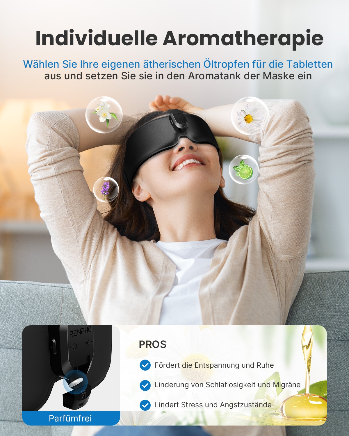 Renpho Beruhigungs- und Entspannungsgerät »Eyesnooze Aroma - Sleepmask«, Eyesnooze Aroma Schlafmaske: Wärme, Duft & Musik für tiefen Schlaf.