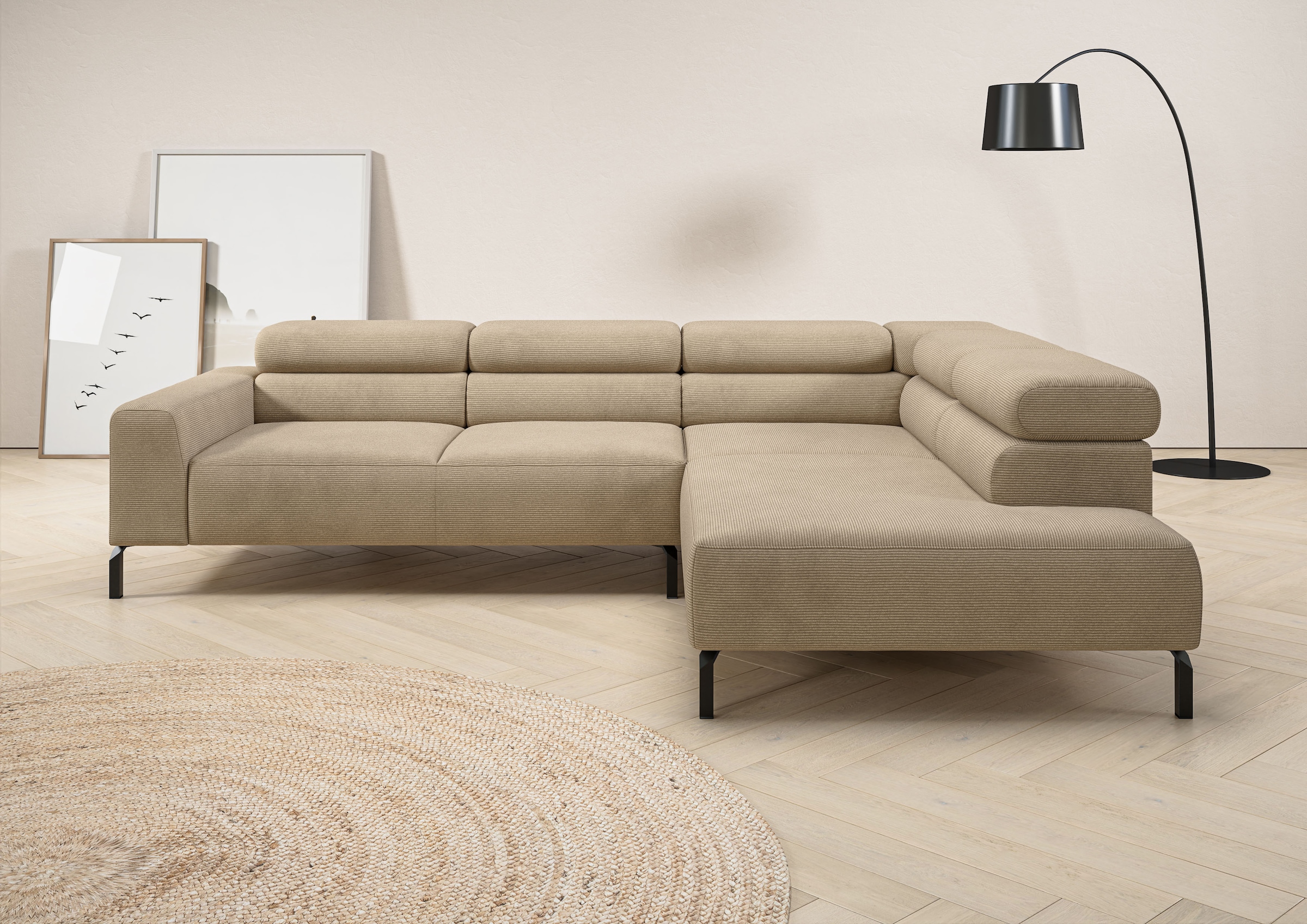 Home affaire Ecksofa "Antonelli, L-Form, inkl. Kopfteilverstellung, Breite 276 cm" ohne Sitztiefenverstellung, in Feincord, sand