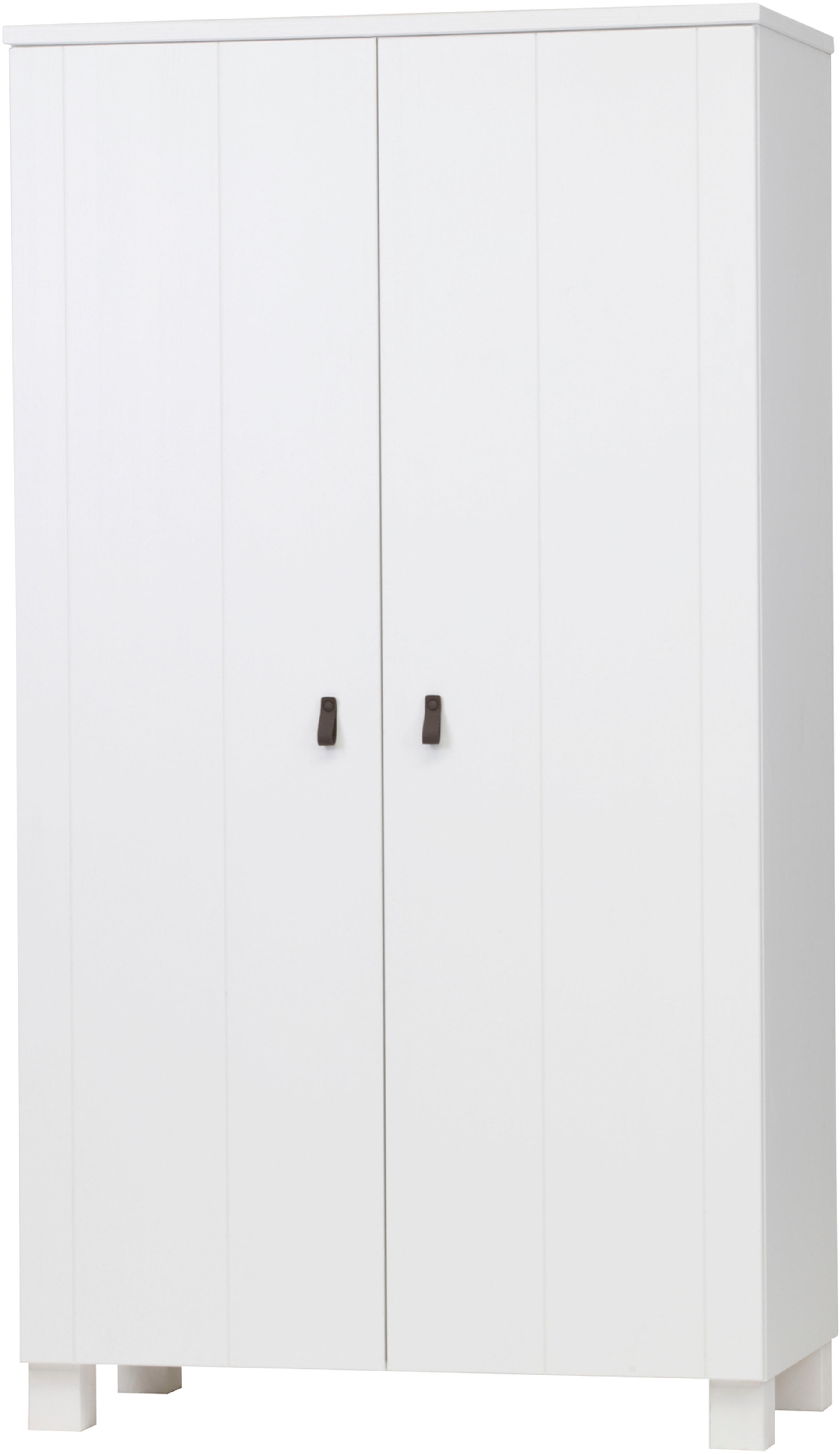 WOOOD Garderobenschrank "Ties FSC-Kiefernholz gebürstet mit Ledergriffen, H202 x B111 x T55 cm" V-Nuten-Türen, Tragkraft 10 kg pro Einlegeboden, Melamininterieur