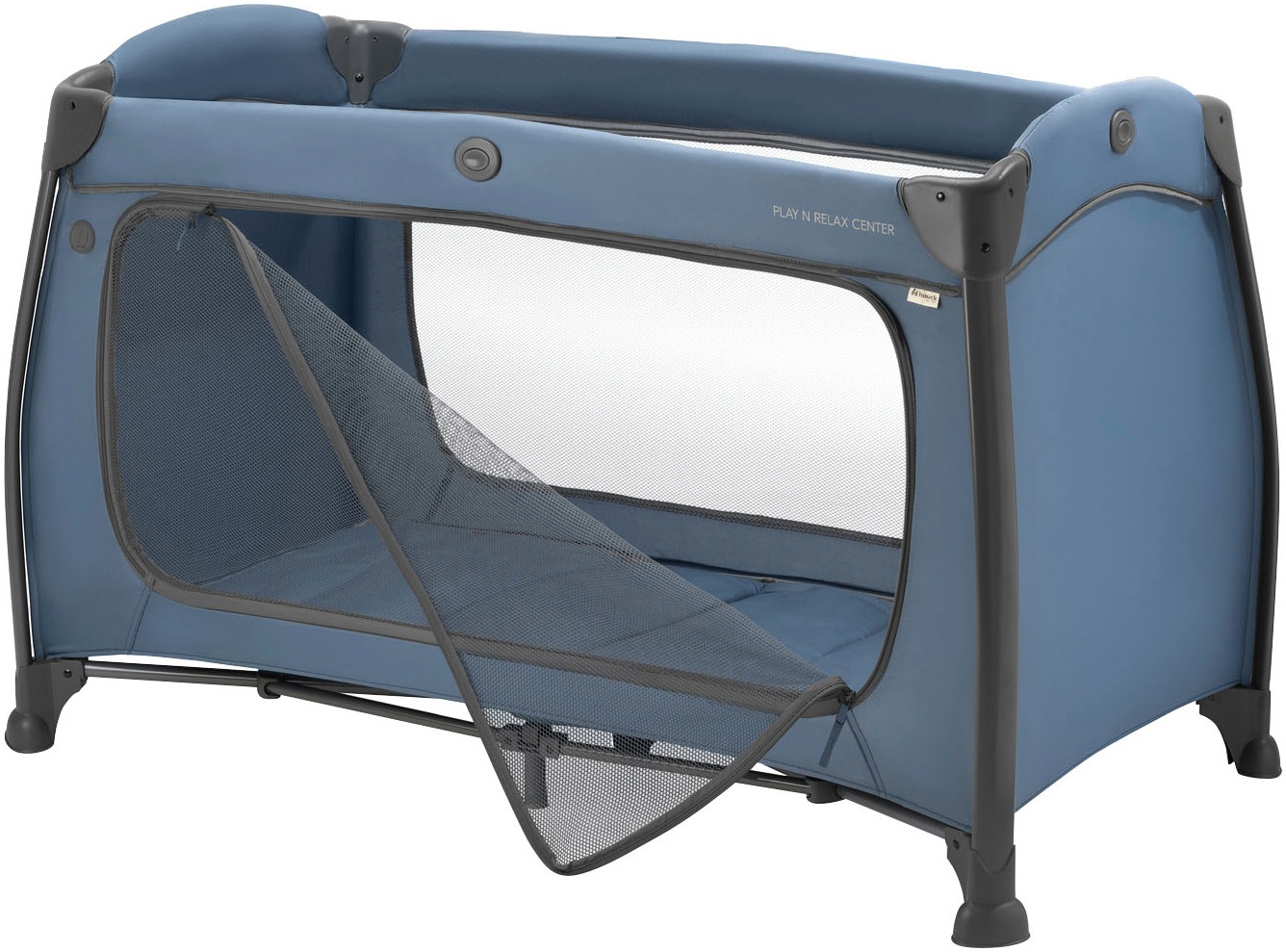 Hauck Baby-Reisebett »Play N Relax Center, dark blue«, inkl. Neugeboreneneinhang, Wickelmulde, Ausstieg, Räder