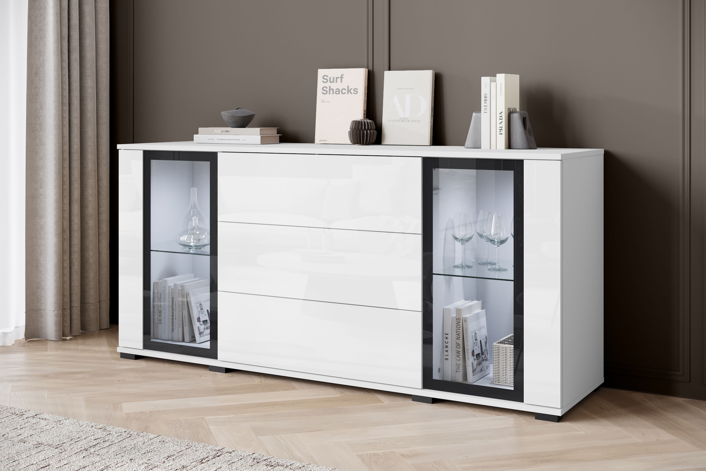 INOSIGN Sideboard »modernes Design mit Glaseinsätzen und 3 Schubladen, Breite 150 cm«, (1 St.), Grifflose Fronten mit Push-to-Open, höhenverstellbare Einlegeböden