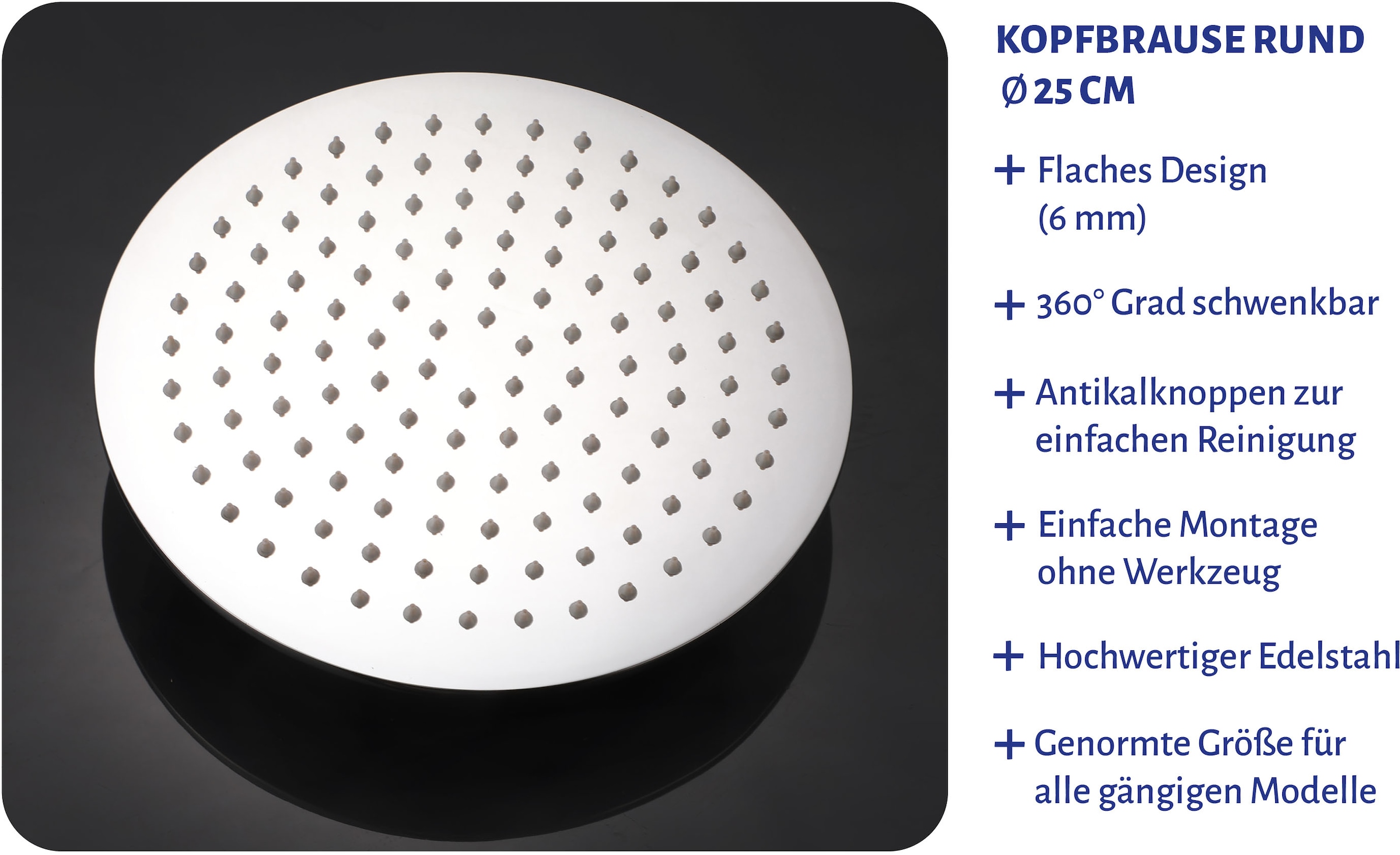 Marwell Regenduschkopf, 25 cm Regendusche aus Edelstahl mit 1 Strahlart