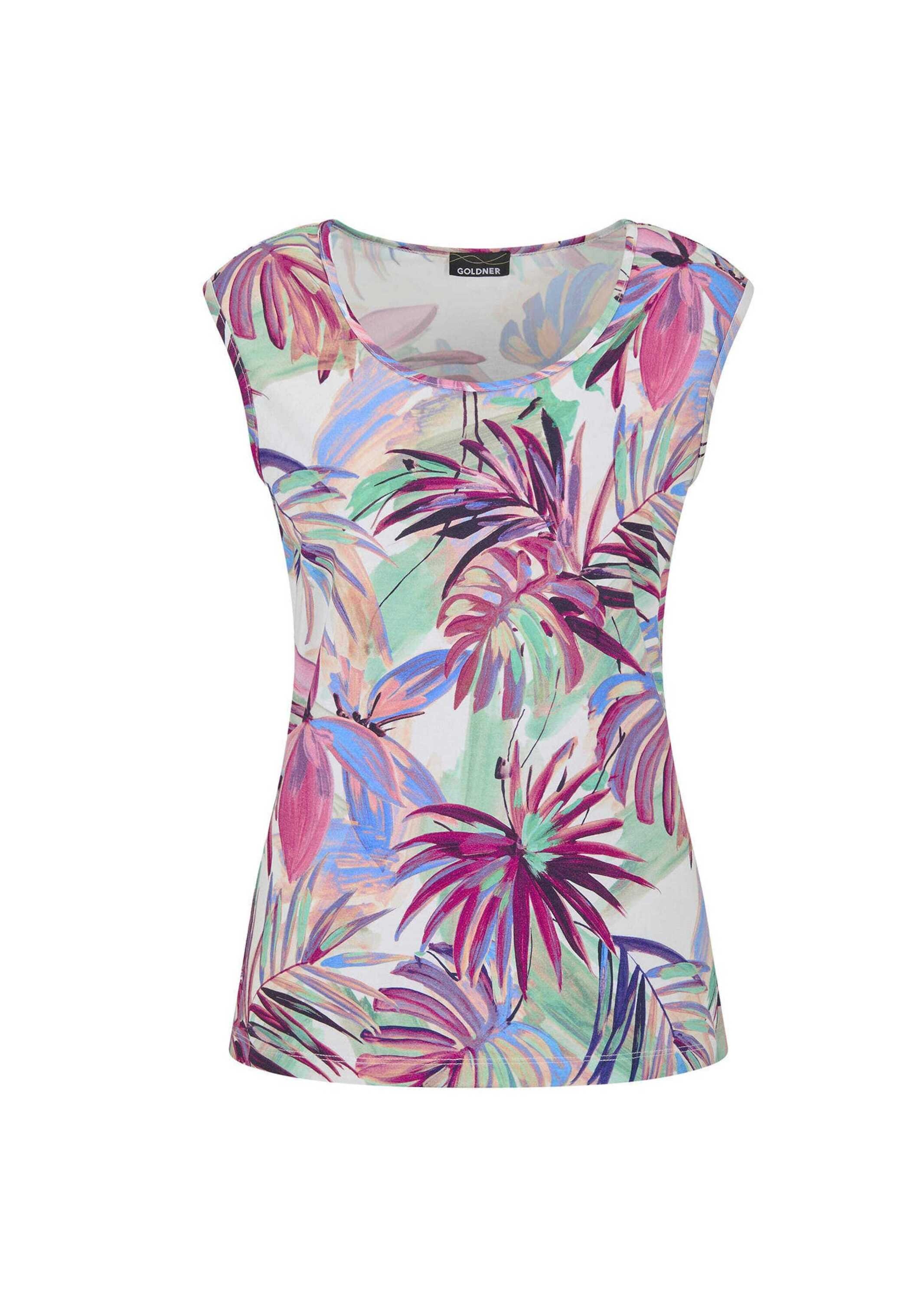 Trägertop GOLDNER "Sommertop mit Palmen-Muster", Damen, Gr. 54, bunt (bunt, gemustert), Obermaterial: 95% Viskose CV. 5% Elasthan EL., gerade, Tops Trägertop, stretchbequemer Viskosejersey