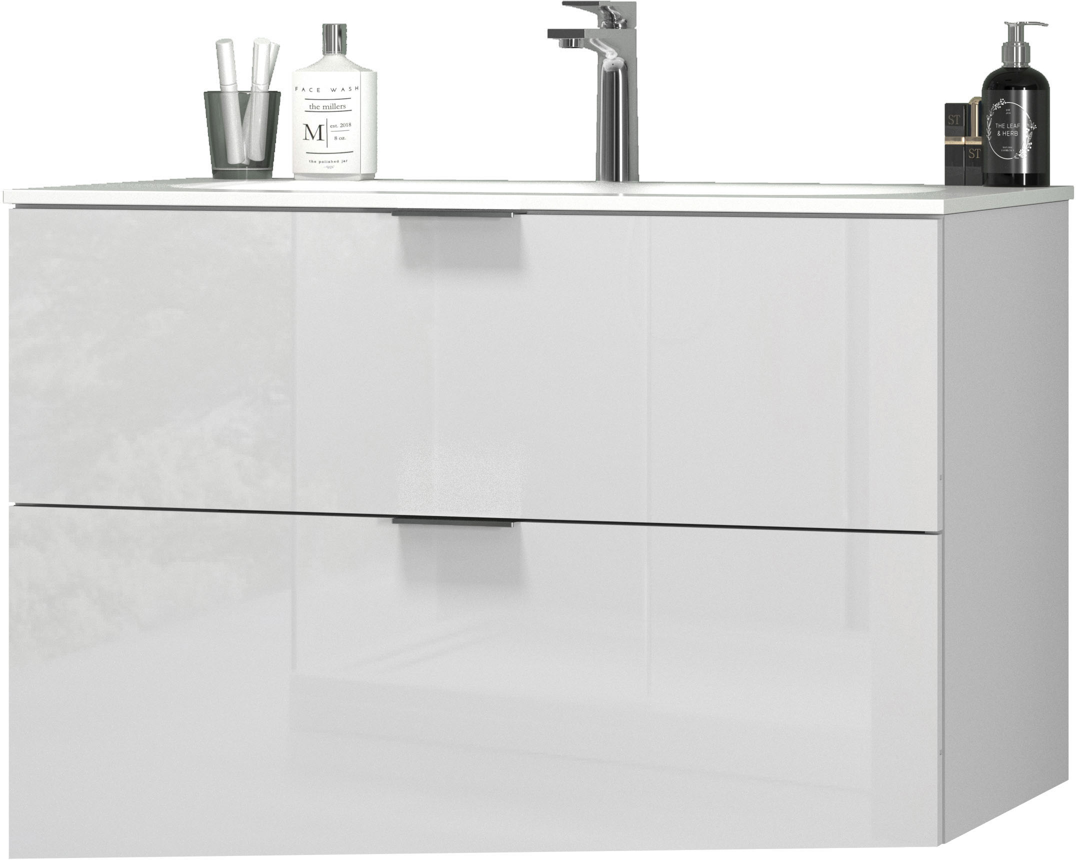welltime Waschtisch "VELA, 82,3 cm breit, Hochglanz-Schubladen, Made in Italy" 1 Stk. tlg. Waschtischunterschrank, inkl. Waschbecken, schräge Design-Schublade