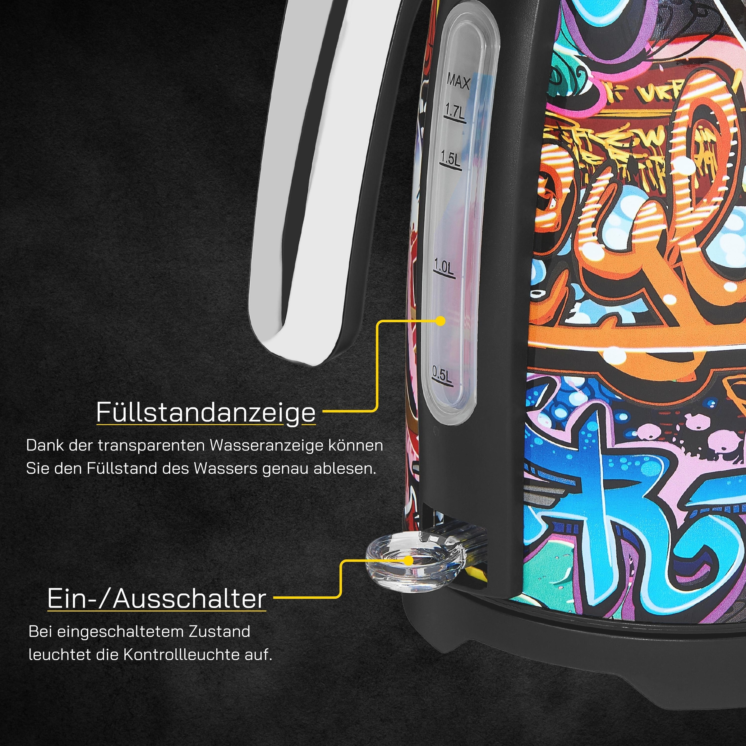 Gutfels Wasserkocher »WATER 3010 G«, 1,7 l, 2200 W, 1,7 L, 2200 Watt, Graffitti-Style