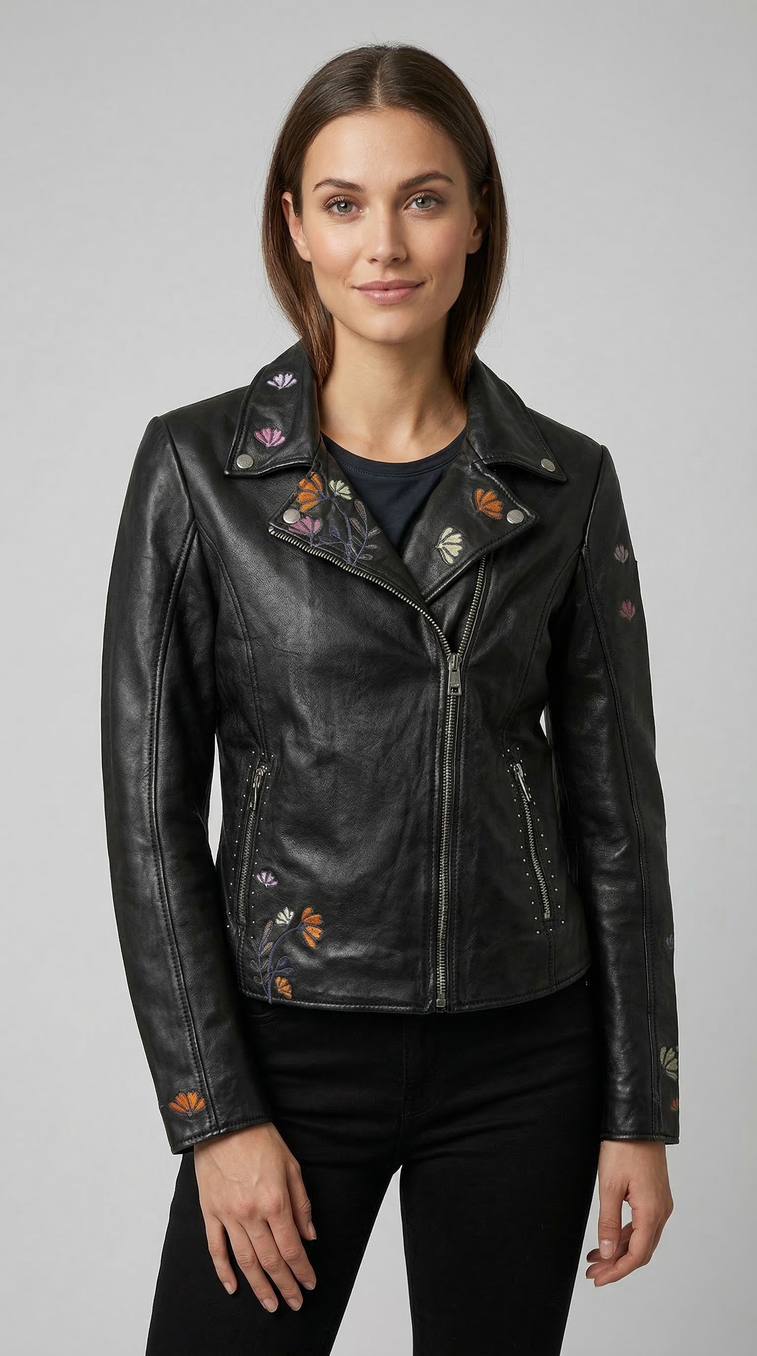 Mauritius Lederjacke "MWFloral" mit floralen Stickereien und Nietenbesatz günstig online kaufen