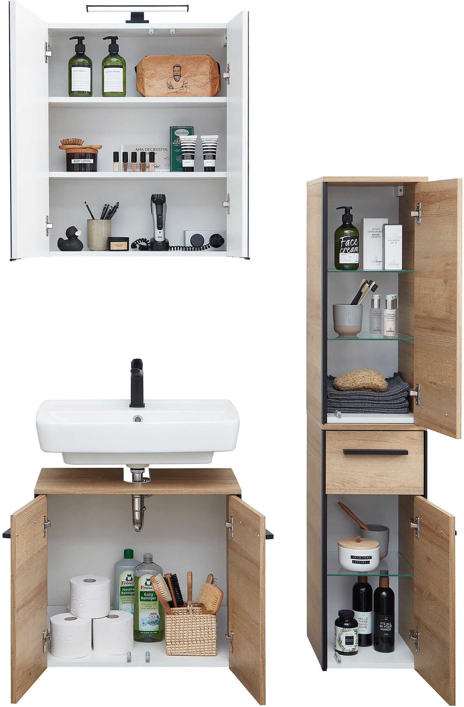 Saphir Badmöbel-Set »Quickset 395 3-teilig, Waschbeckenunterschrank mit LED-Spiegelschrank«, (4 St.), Midischrank, inkl. Türdämpfer, 6 Türen, 1 Schublade, Bad-Set