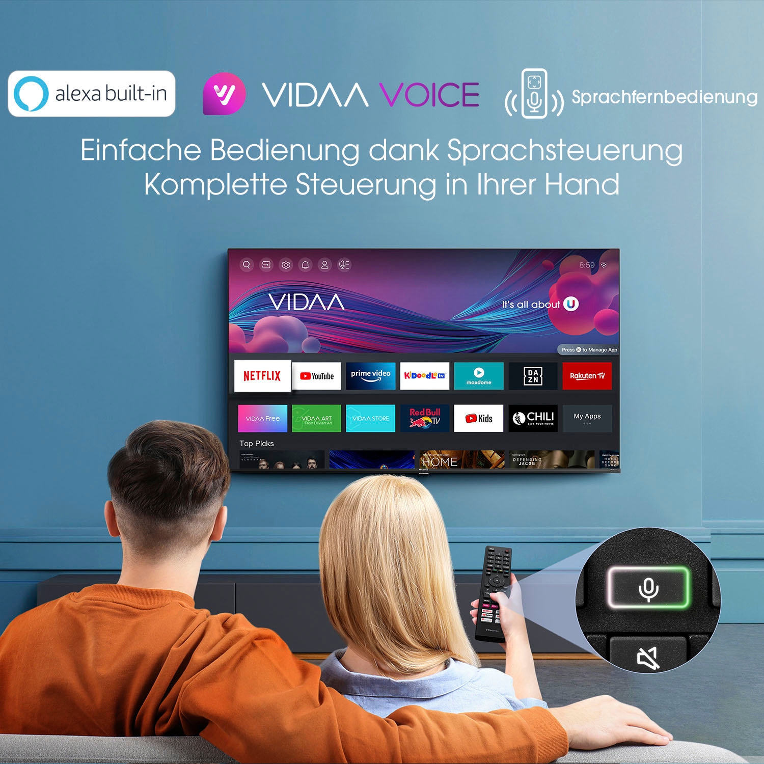 Hisense QLED-Fernseher, 126 cm/50 Zoll, 4K Ultra HD, Smart-TV, HDR10, HDR10+ decoding, HLG, 60Hz Panel, Alexa Built-in, VIDAA Voice