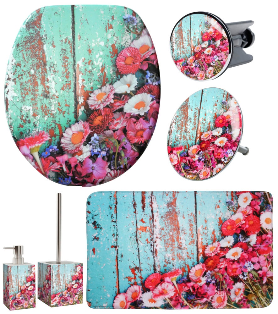 Sanilo Badaccessoire-Set »Spring«, (Komplett-Set, 6 tlg.), bestehend aus WC-Sitz, Badteppich, Stöpsel, Seifenspender, WC-Bürste