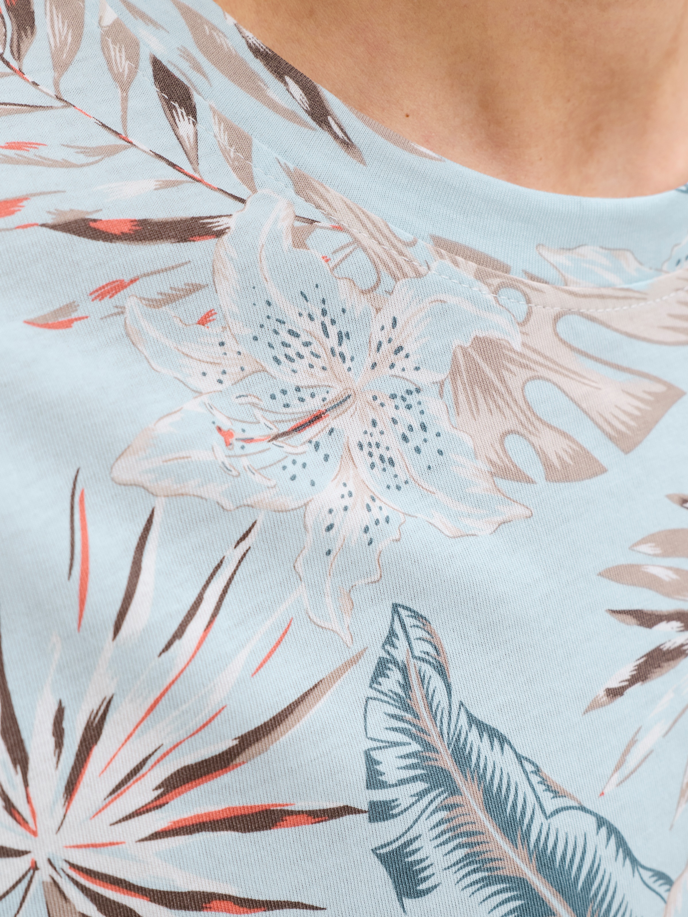 Rundhalsshirt JACK & JONES "JJHONOLULU AOP TEE SS CREW NECK", Damen, Gr. M, celestial blau, Jersey, Obermaterial: 100% Baumwolle, bedruckt, regular fit normal, Rundhals, Shirts Rundhalsshirt, Baumwolle, regular fit 10