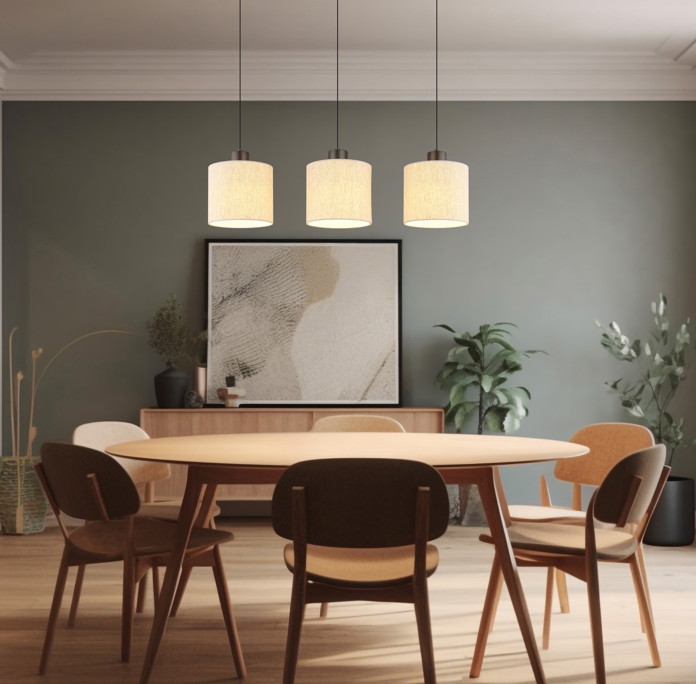 NOWA Hängeleuchte »THEA« LED-Modul 1 Stk. Warmweiß Hängelampe,schwarz,Leinen,Esstisch,eckig,Höhe verstellbar,3 Schirme