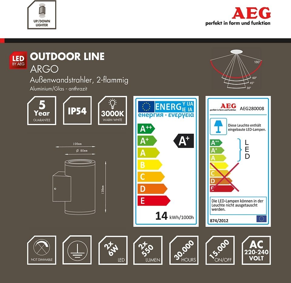 AEG LED Außen-Wandleuchte »ARGO«, 2 flammig-flammig, 13,8cm Höhe, Aluminium/ Glas, anthrazit, Metall, schwarz, 2-flammig