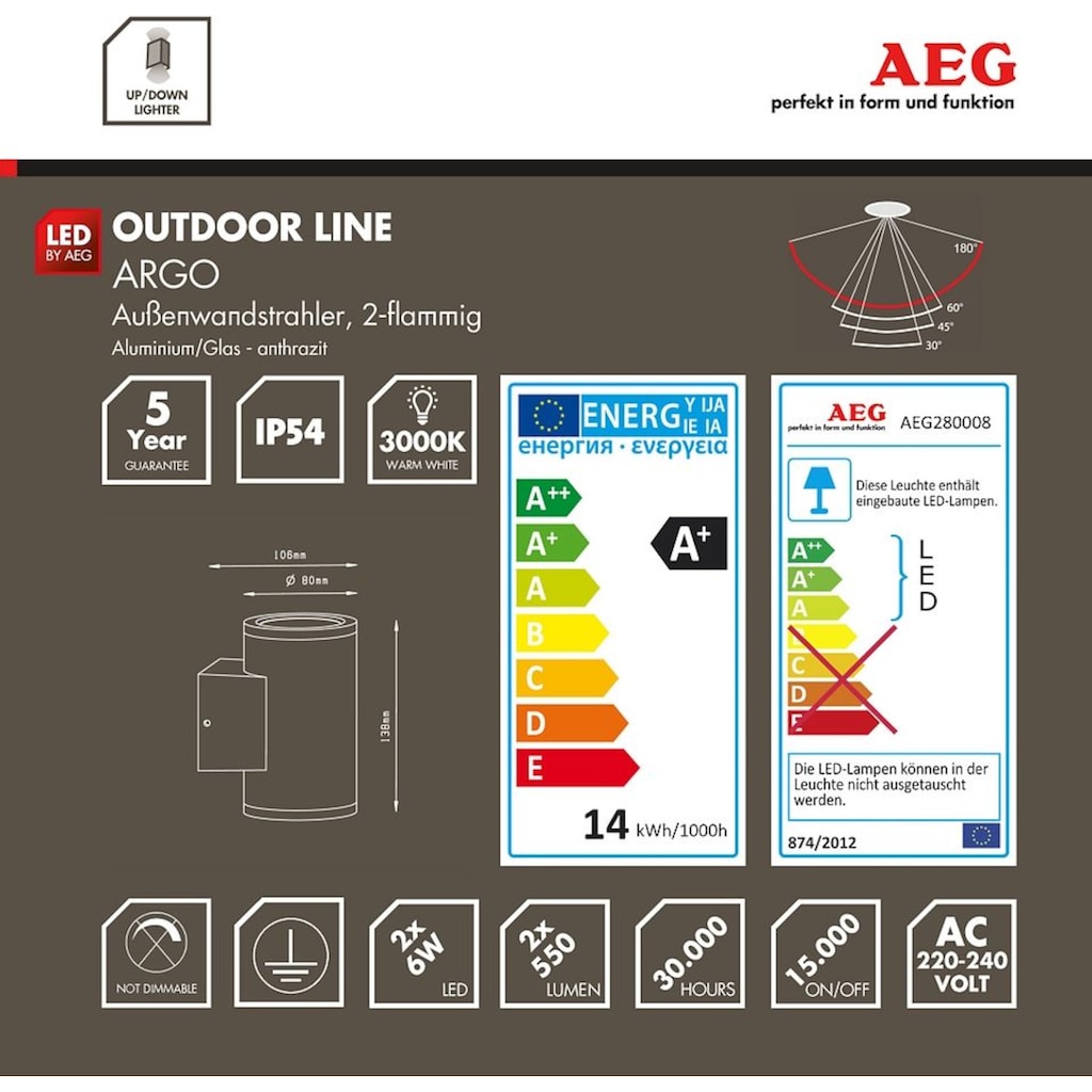 AEG LED Außen-Wandleuchte »ARGO«, 2 flammig-flammig