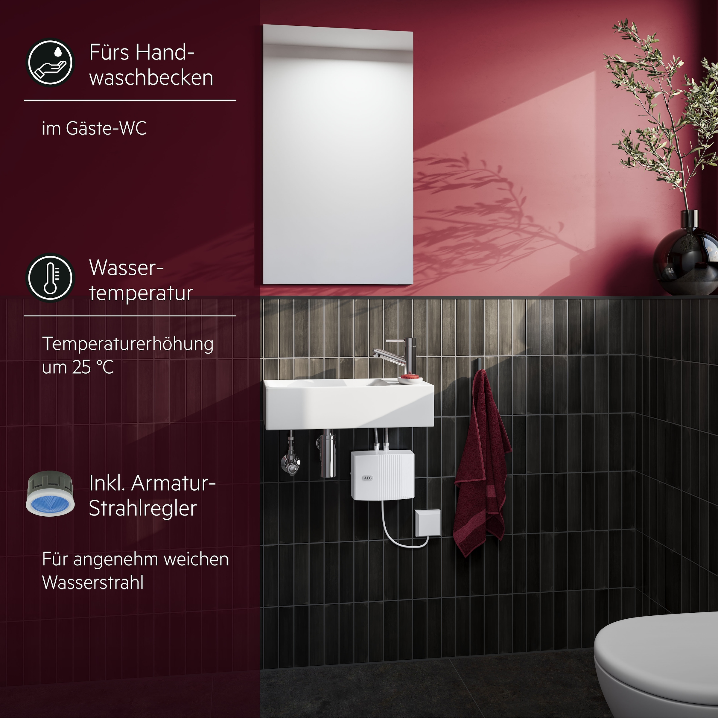 AEG Haustechnik Klein-Durchlauferhitzer »MTE 650 f. Handwaschbecken, 6,5 kW, o. Stecker« Festanschluss 230V, elektronisch, druckfest + drucklos