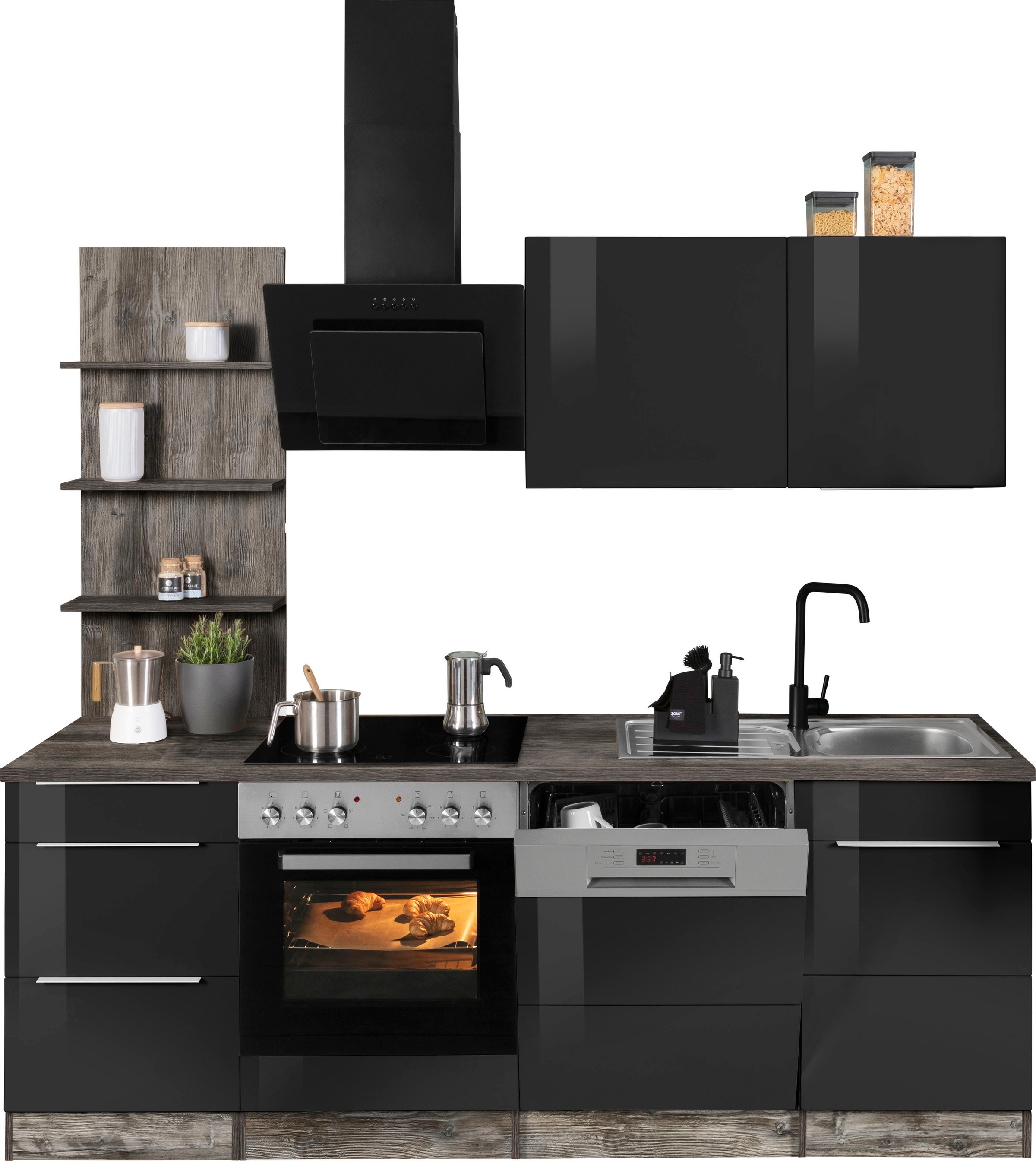 KOCHSTATION Küchenzeile »KS-Brindisi«, Breite 220 cm, wahlweise mit E-Geräten, mit MDF-Fronten und Regal