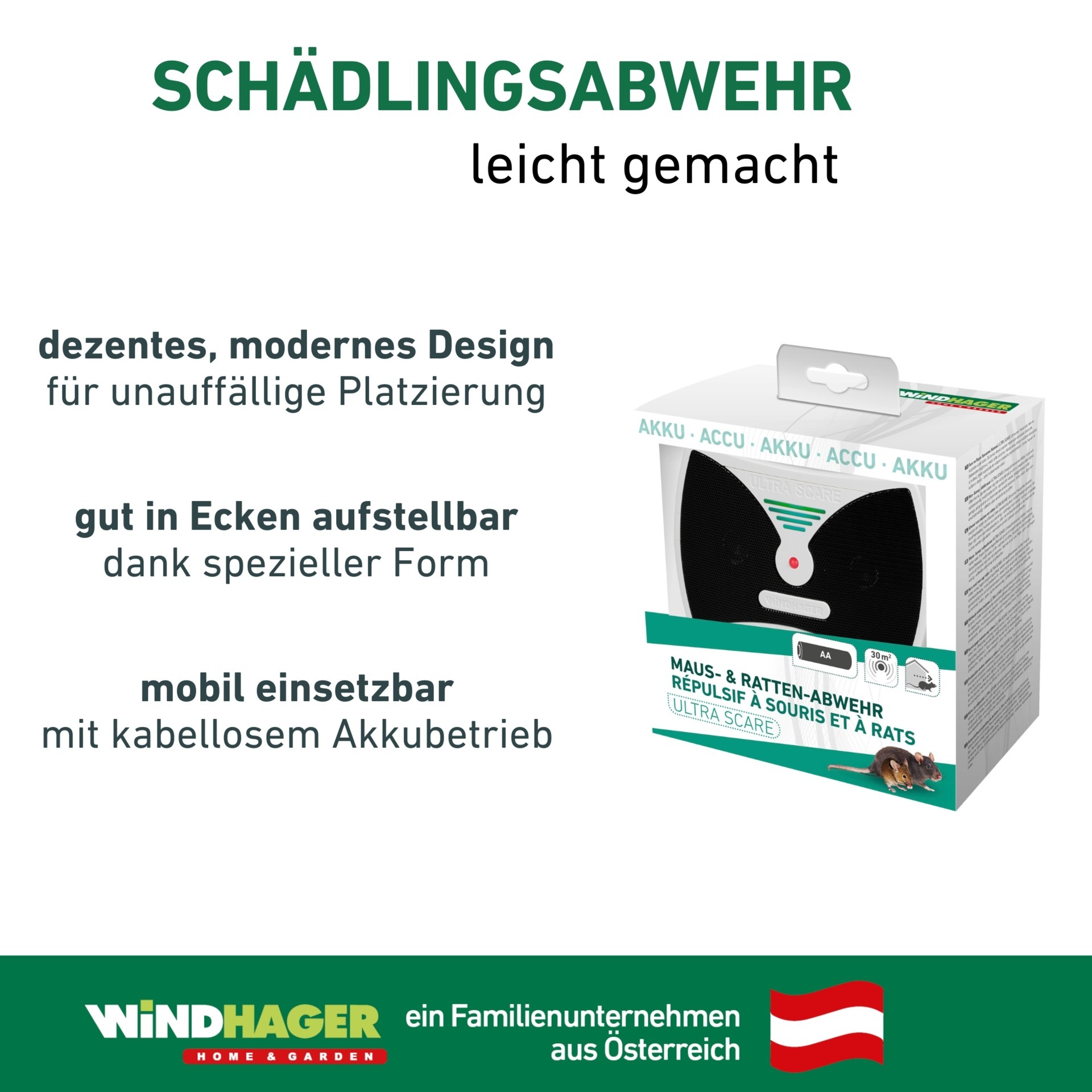 Windhager Ultraschall-Tierabwehr »Maus- und Rattenabwehr Ultra Scare, akkubetrieben« Schädlingsbekämpfung, Laufzeit bis zu 10 Tagen, Mäuse vertreiben