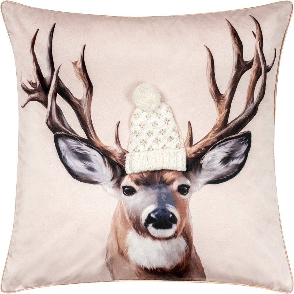 PAD 1100000002199 "REINDEER" Samtkissen mit Strickmütze und verspieltem Rentier-Design