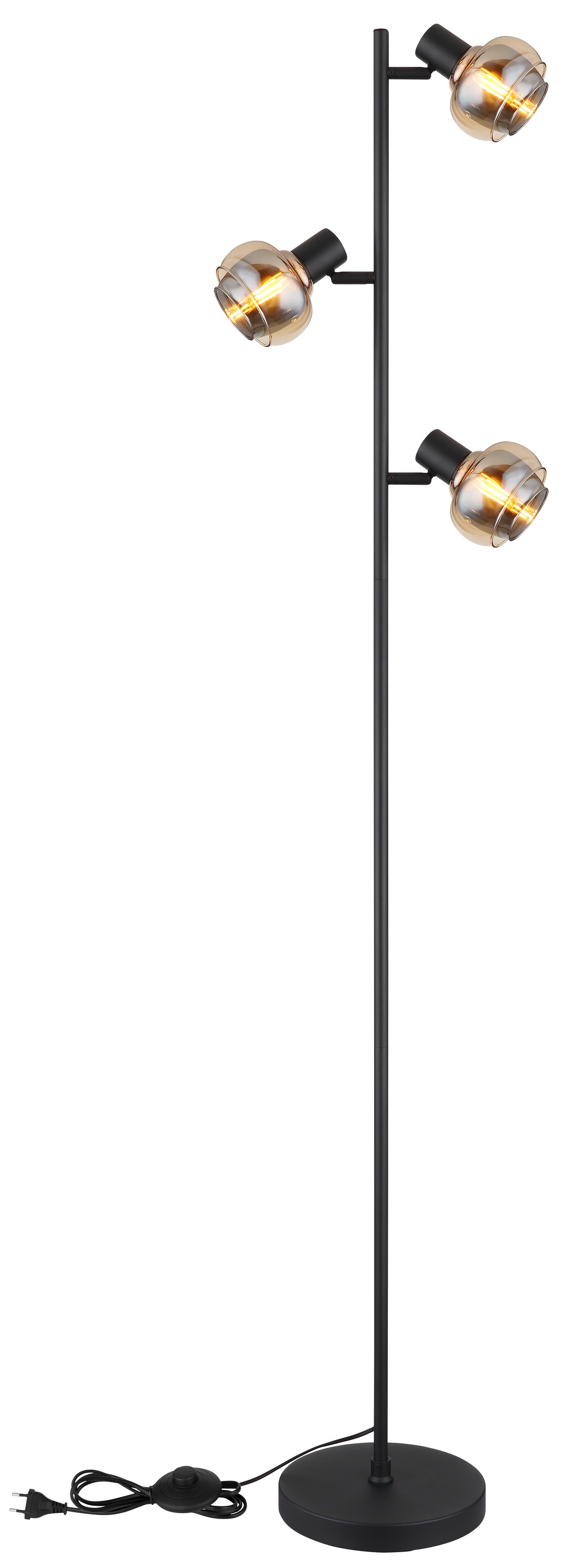 GLOBO LIGHTING Stehlampe »TOKKI« E14 1 Stk. Stehleuchte Schwarz, Glas Amber/Rauch, Fußtrittschalter, E14