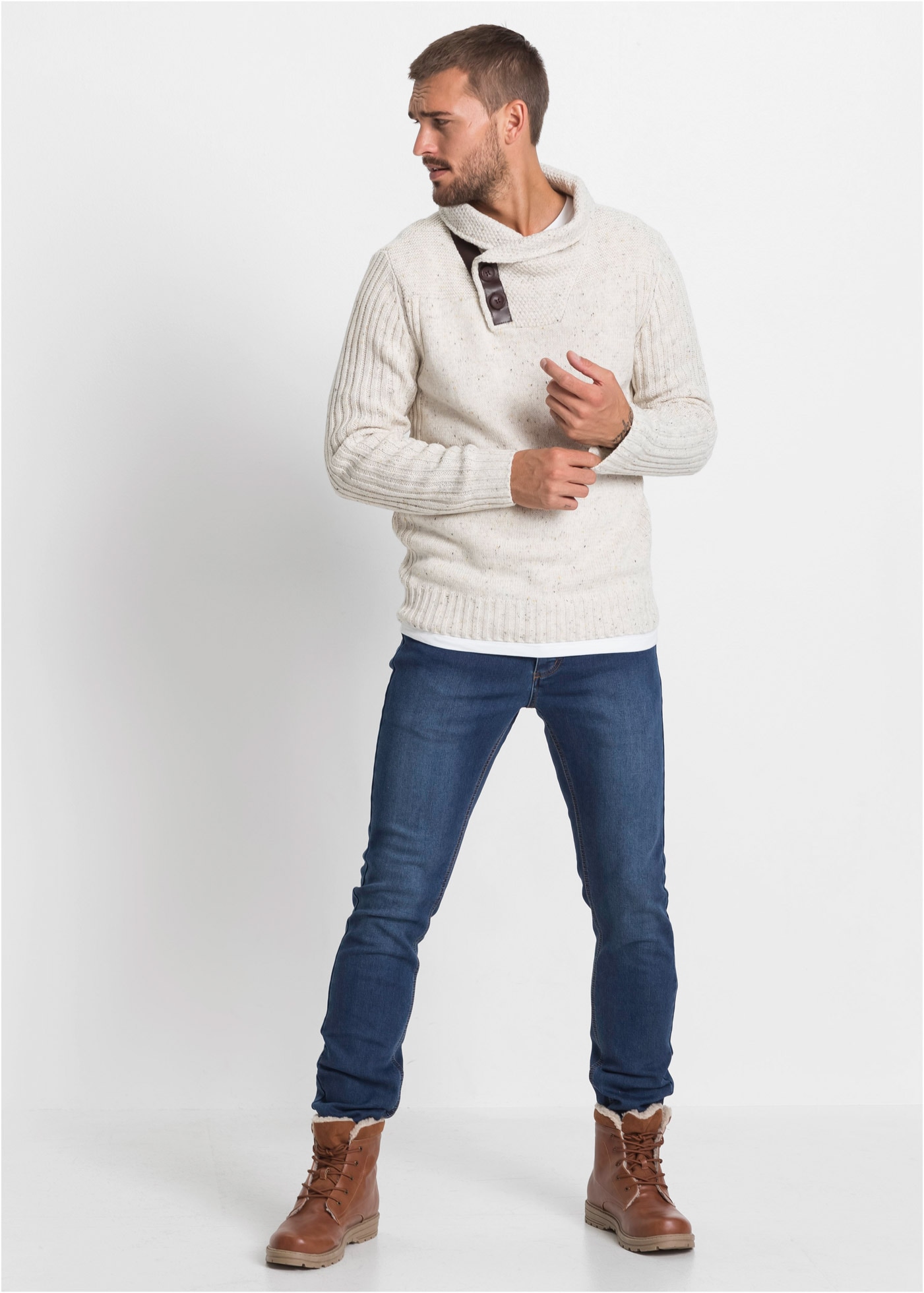 bonprix Strickpullover mit Schalkragen und Knopfverschluss, Langarm