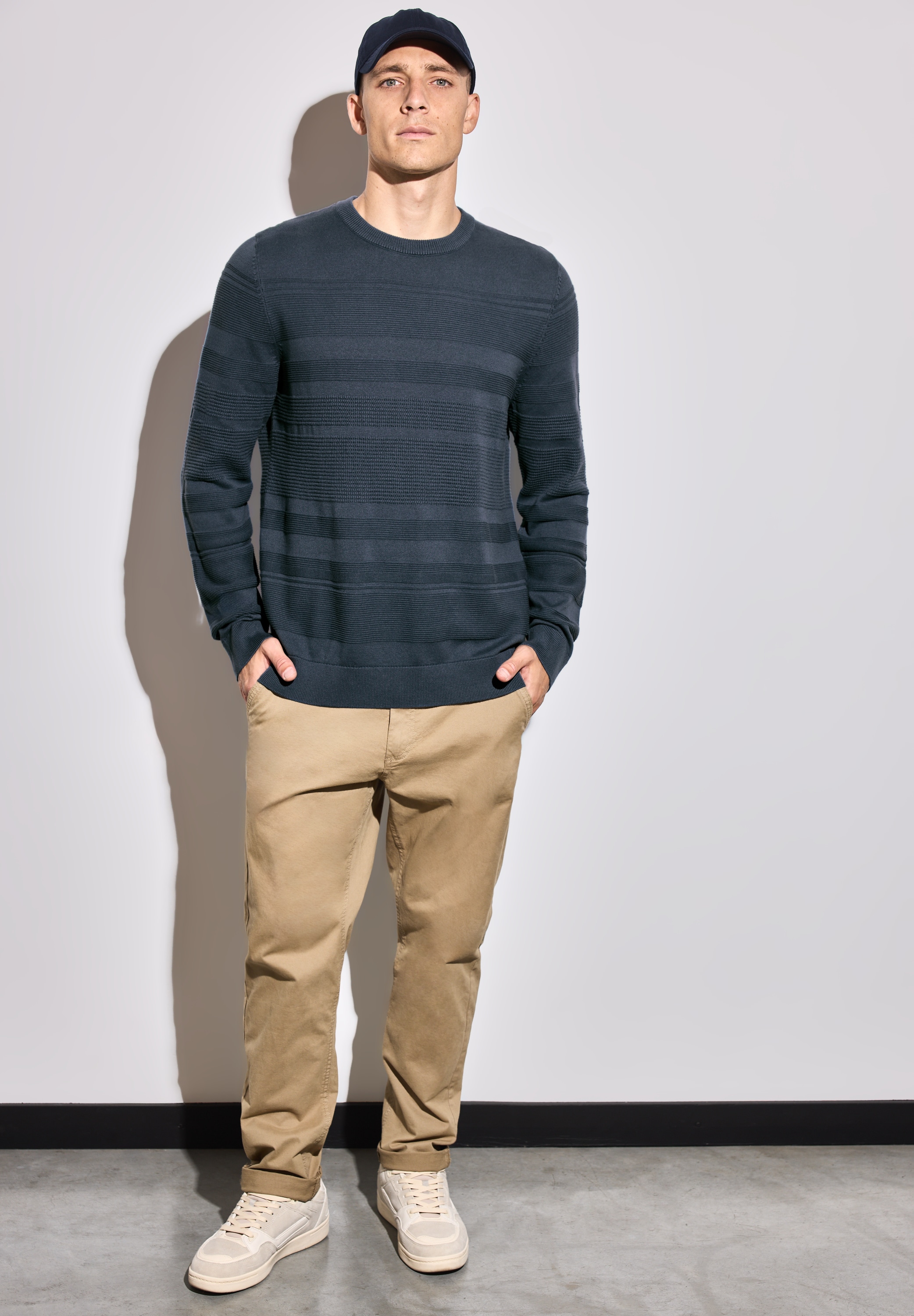 STREET ONE MEN Rundhalspullover, aus reiner Baumwolle
