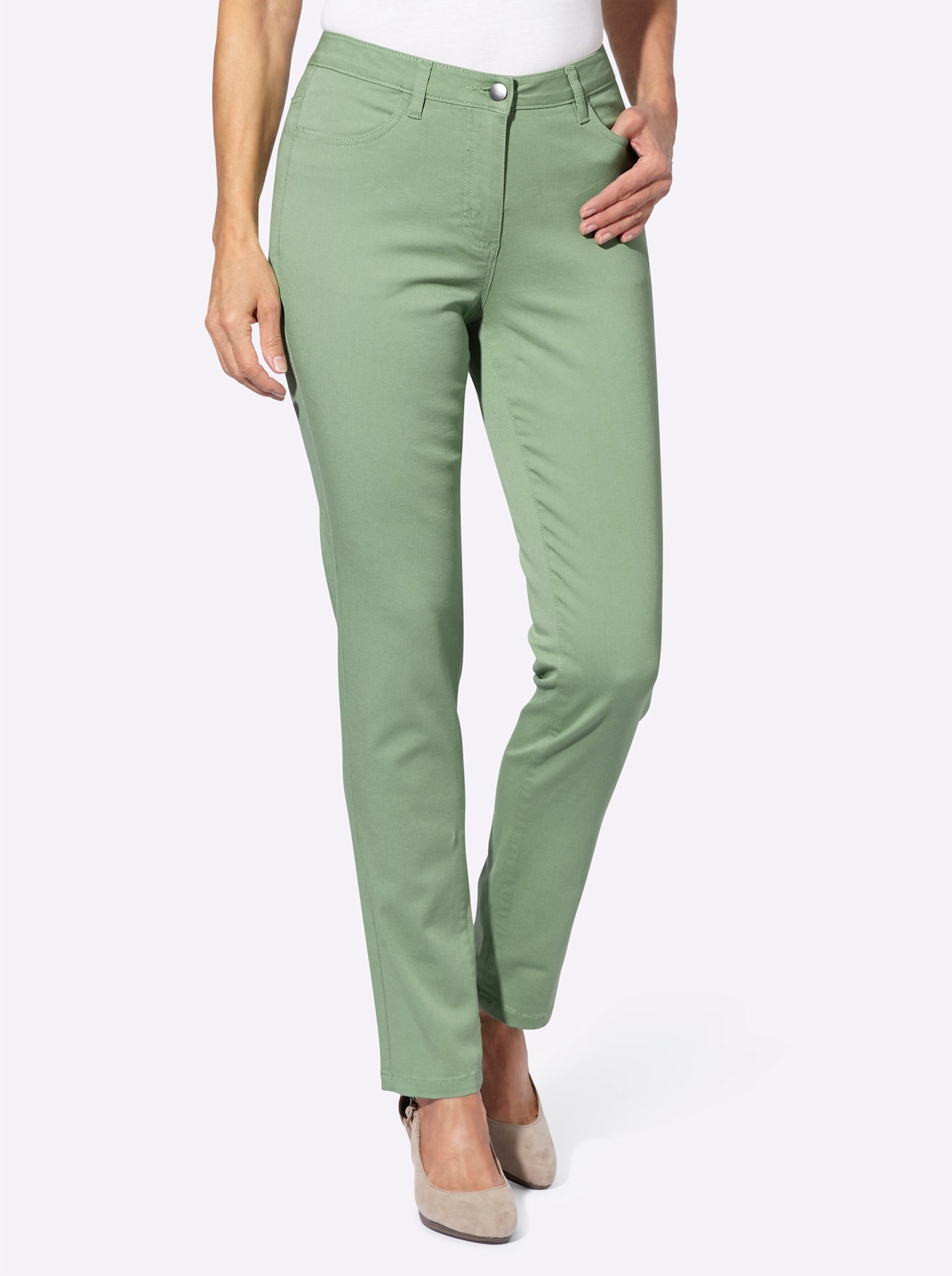 Bequeme Jeans CLASSIC BASICS, Damen, Gr. 22, Kurzgrößen, grün (eucalyptus), 98% Baumwolle, 2% Elasthan, unifarben, lang, Jeans