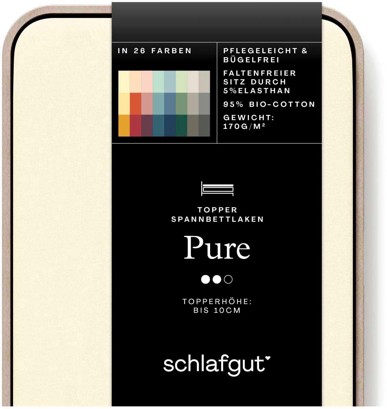 Schlafgut Spannbettlaken "PURE TOPPER Bio-Baumwolle mit Elasthan 170 g/m² für Topper bis 10 cm" PREMIUM Laken für Matratzen bis 10 cm Höhe, dehnbar, blickdicht
