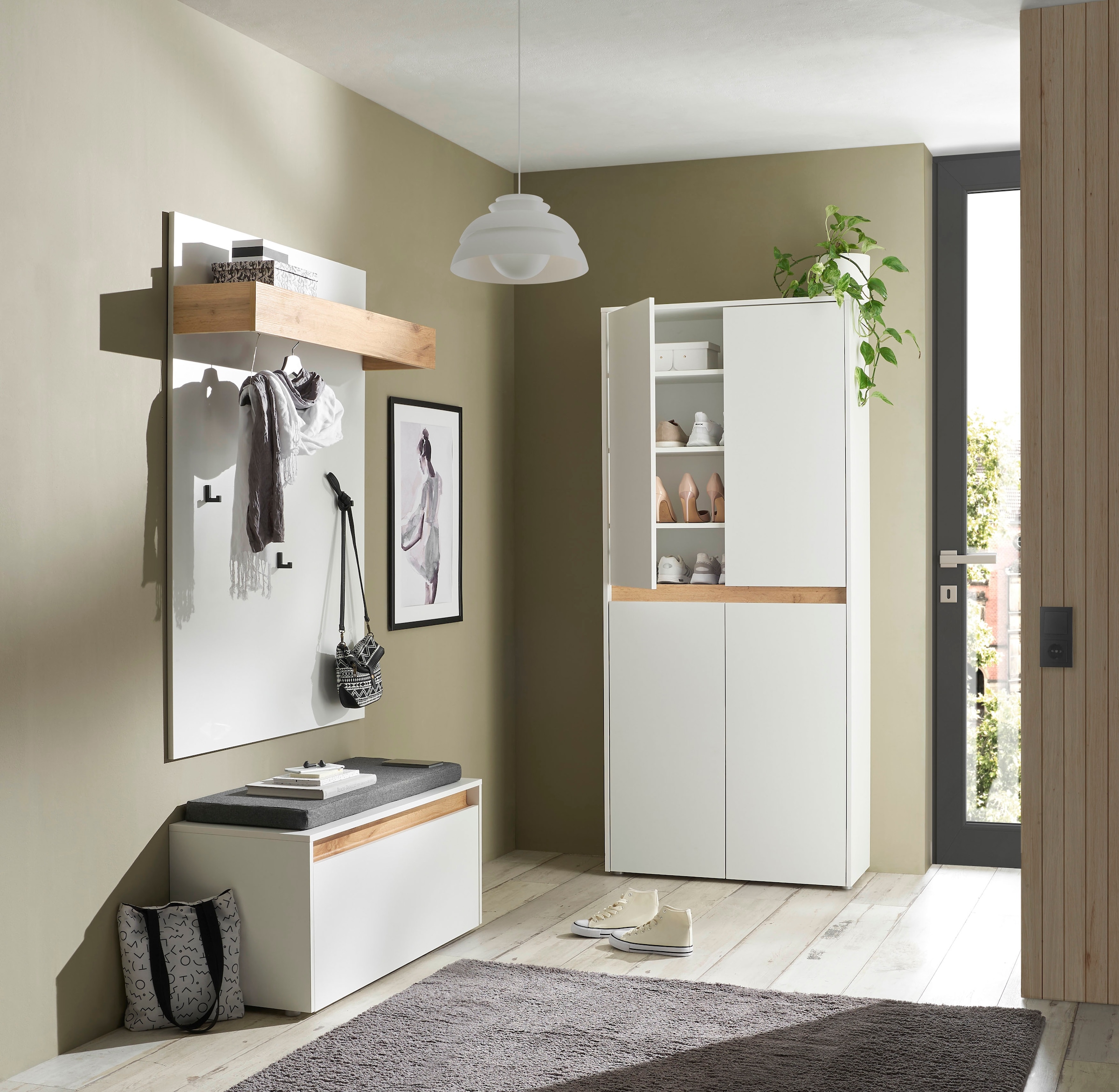 INOSIGN Garderoben-Set »City/Giron, moderne Garderobe, viel Stauraum, ca. 40 Schuhe«, (Set, 3 St.), enthält Schuhschrank, Garderobenpaneel & Garderobenbank mit Sitzkissen
