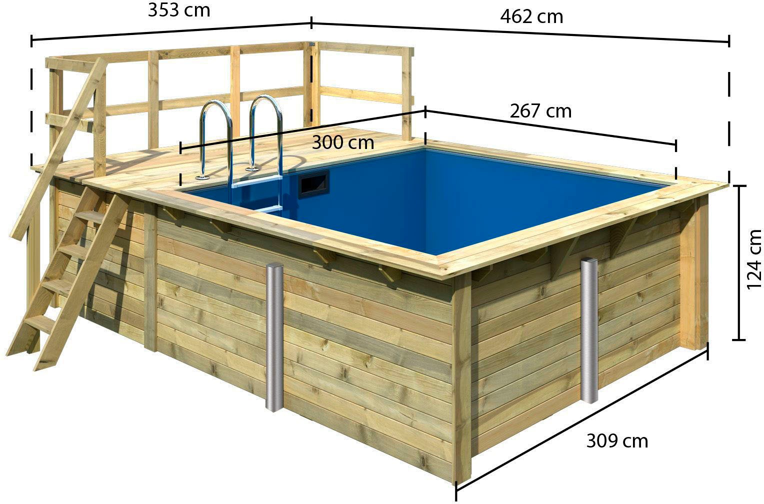 Karibu Rechteckpool »Milano A BxLxH: 462x353x124cm«, (Komplett-Set, 11 tlg.), 44 mm starke kesseldruckimprägnierte Holzbohlen aus Fichtenholz