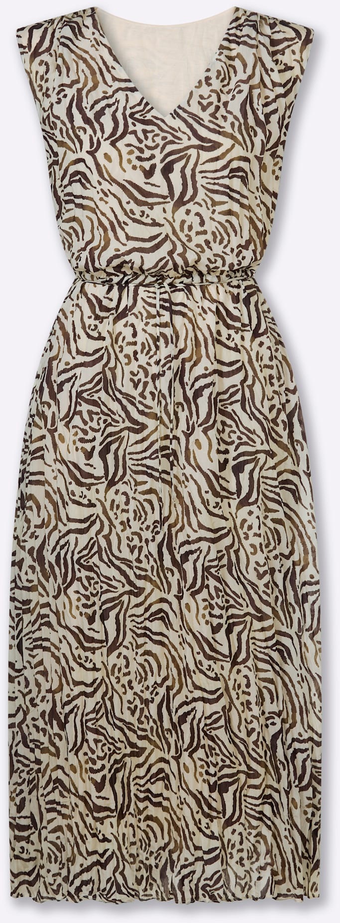 Druckkleid HEINE "Druck-Kleid", Damen, Gr. 42, Normalgrößen, sand, braun, bedruckt, 75% Viskose, 25% Polyamid, bedruckt, gemustert, mehrfarbig, lang, V-Ausschnitt, Kleider Druckkleid 3