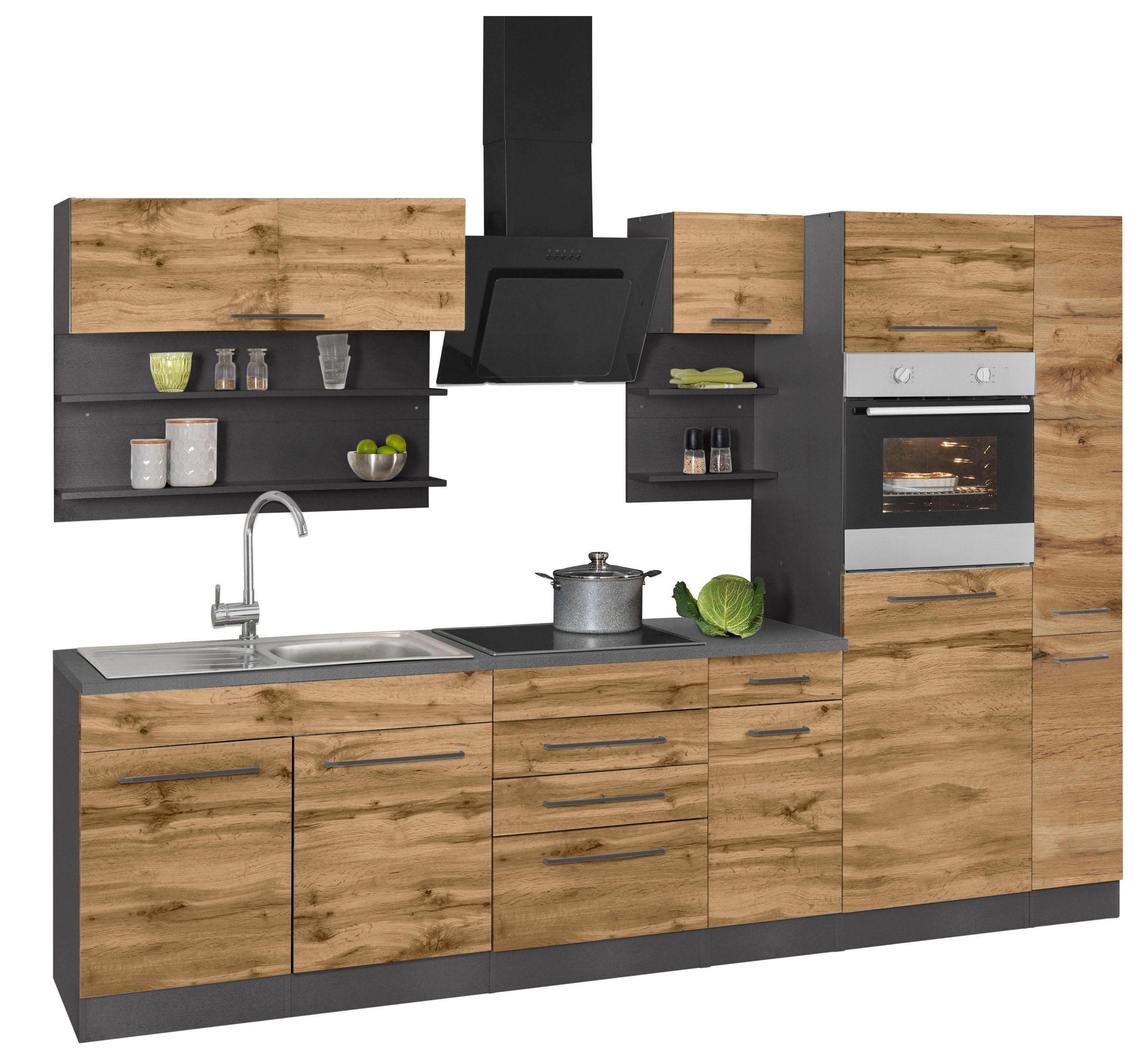 KOCHSTATION Küchenzeile »KS-Tulsa«, ohne E-Geräte, Breite 300 cm, schwarze Metallgriffe, MDF Fronten