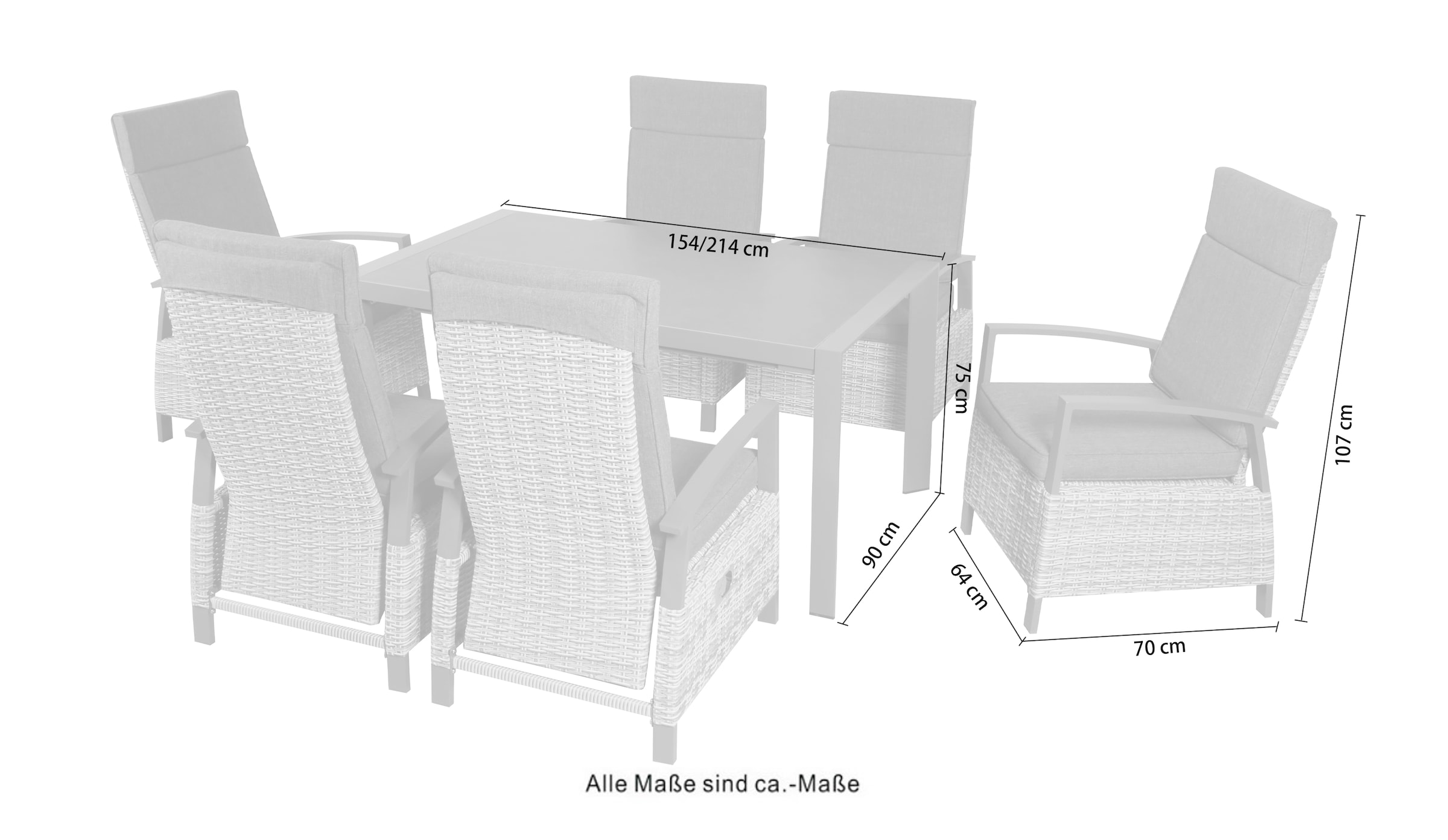 KONIFERA Garten-Essgruppe »Menton« Set, 6x Stuhl, 6x Auflage, 1x Tisch, 13 tlg. bestehend aus 6 Sesseln mit 6 Sitzauflagen und 1 Tisch