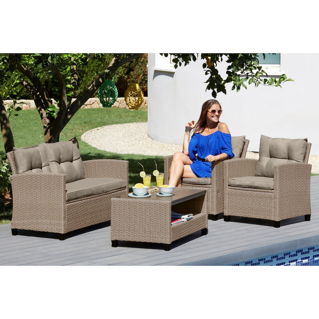 KONIFERA Gartenlounge-Set »Lorca«, (Set, 16 tlg., 2x Sessel, 1x2er Sofa, 1x Tisch 90x55x42,5cm, inkl. Auflagen, Stahl), Polyrattan, Ablagefläche unter dem Tisch, Tischplatte aus Nonwood