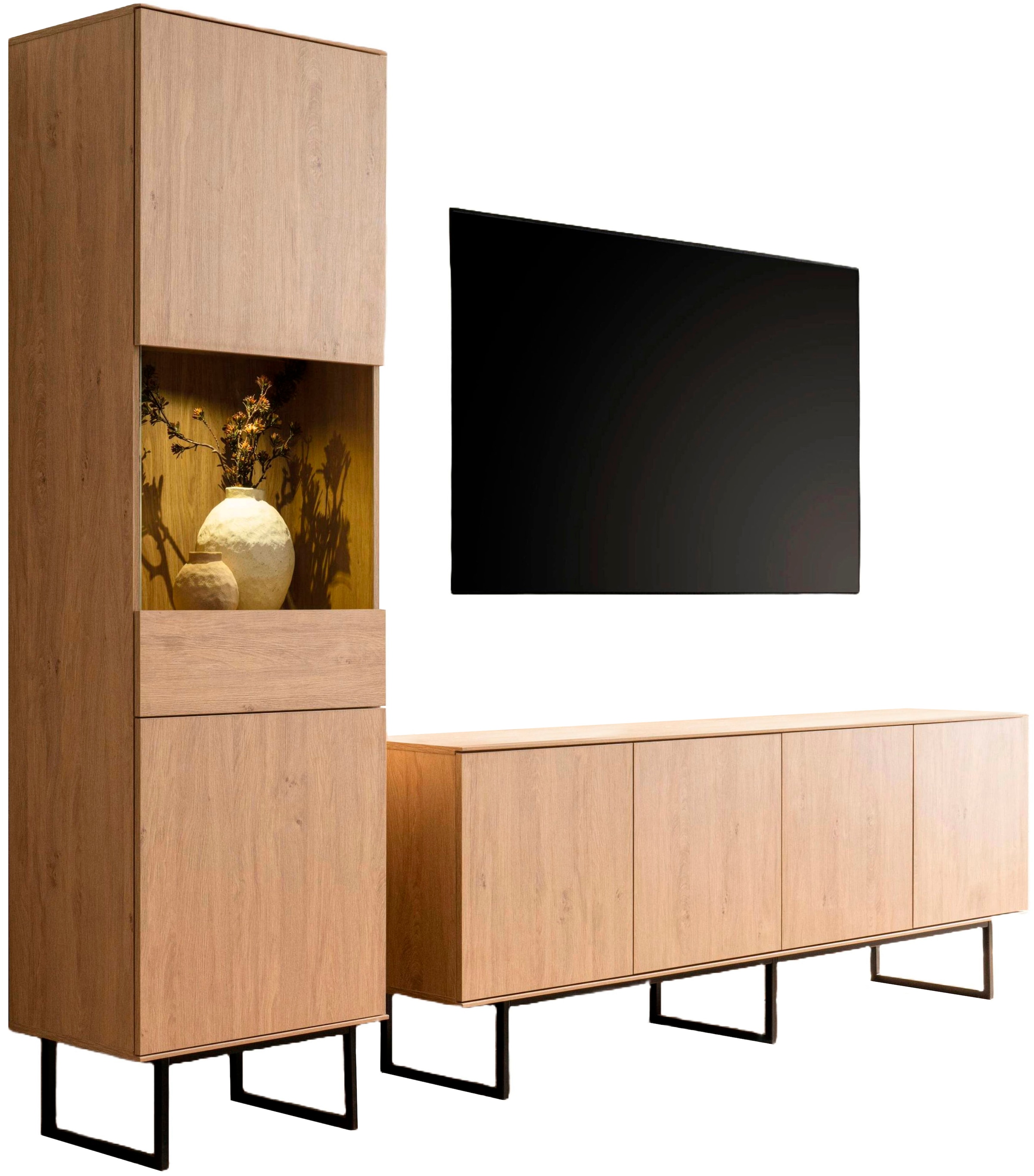 Home affaire Wohnwand »Lund, moderne Anbauwand, Wohnzimmer-Set in Stone Oak«, (2 St.), enthält Vitrine und Lowboard