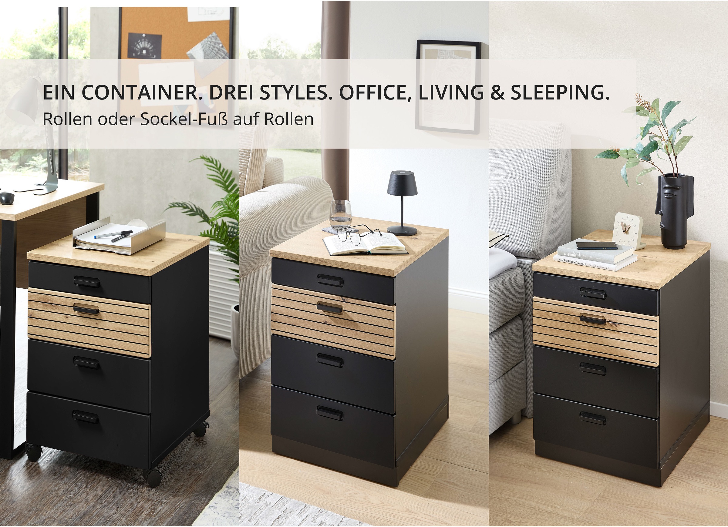 Innostyle Rollcontainer »Nachtkommode Glenn, 45 x 66 x 55 cm (B/H/T)«, (1 St.), inkl. Filzeinlage, 4 Rollen (2 mit Bremsen) oder Sockel, SK Soft-Close